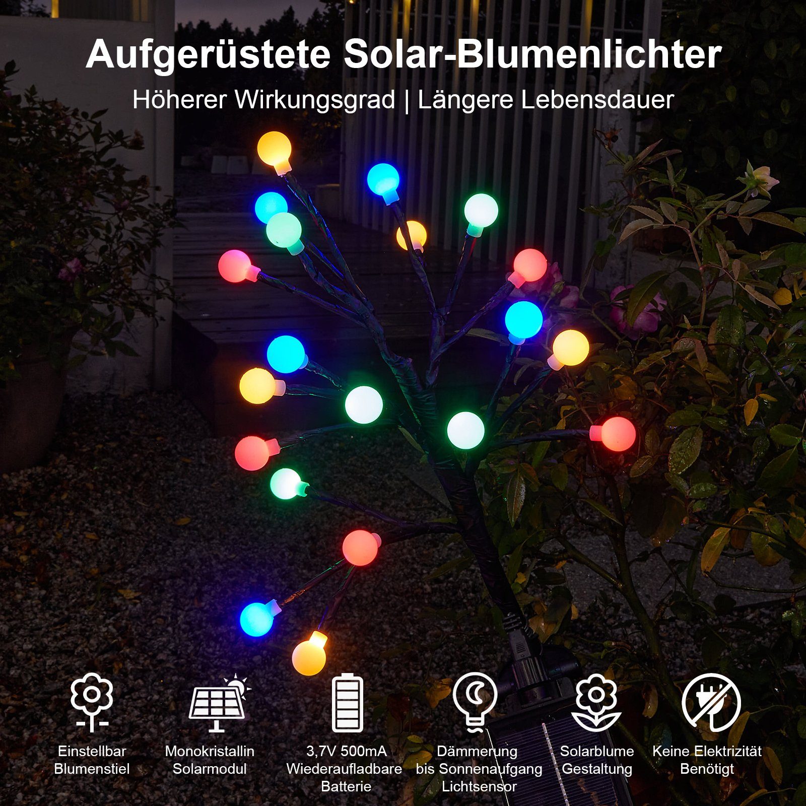 MUPOO Mini-Kugelzweigen,8 warmweiß Modi&Timer, Solarleuchte solarlampen Fernbedienung, Gartenleuchte Außen Mehrfarbig, LED LED Garten mit IP65 Balkon, Solarleuchten LED