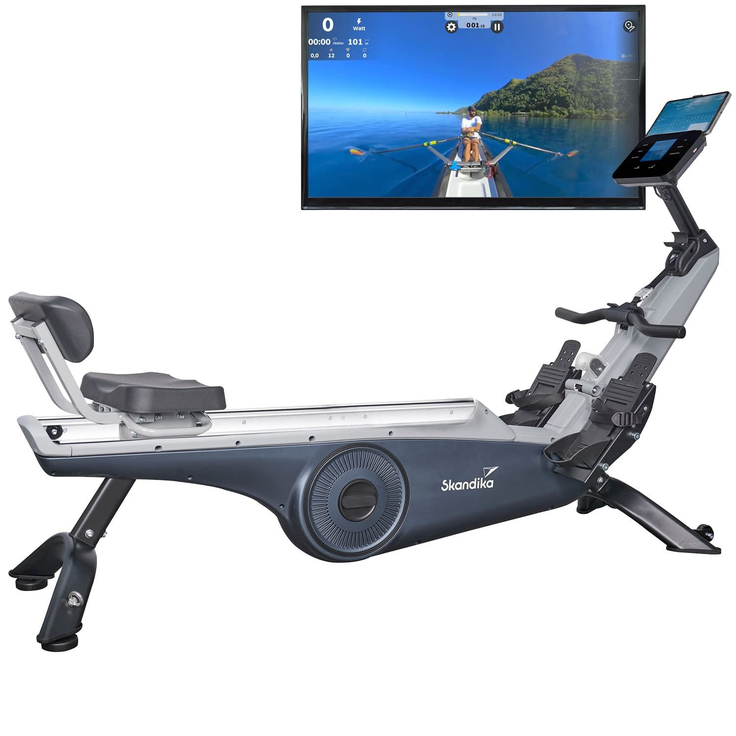 Skandika Rudergerät für Zuhause, Freki Plus, aufstellbar, bis 200 cm, Transportrollen, 10-stufiger Magnetwiderstand, 12 kg Schwungmassensystem, Kinomap App