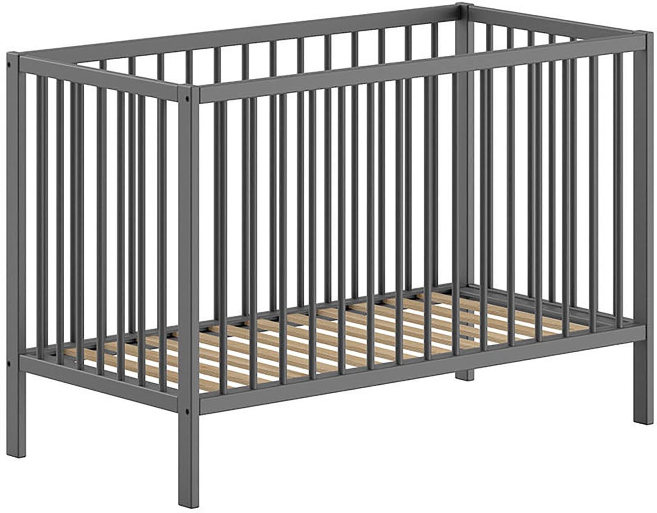 Vipack Babybett Dino 60/120 cm mit 3-fach verstellbarem Lattenrost, stabile Bauweise, Gitterbett aus massiver Buche, wahlweise in 3 Farben