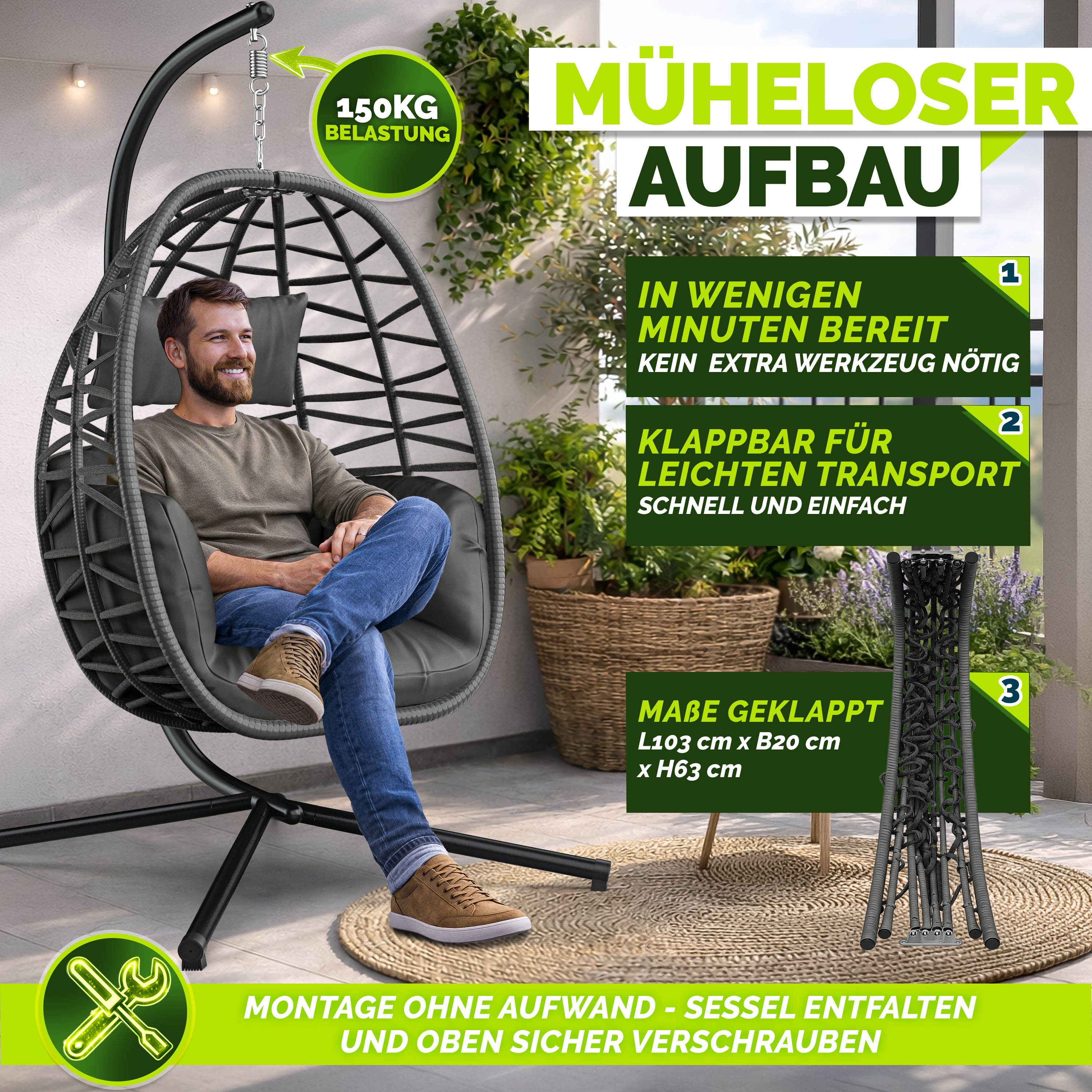 tillvex Hängesessel tillvex® Swivo Hängesessel mit Gestell inkl. wetterfester Abdeckung (Hängekorb klappbar bis 150 kg, Hängesitz aus Rattan, Hängestuhl für Ind – Bild 4 von 5