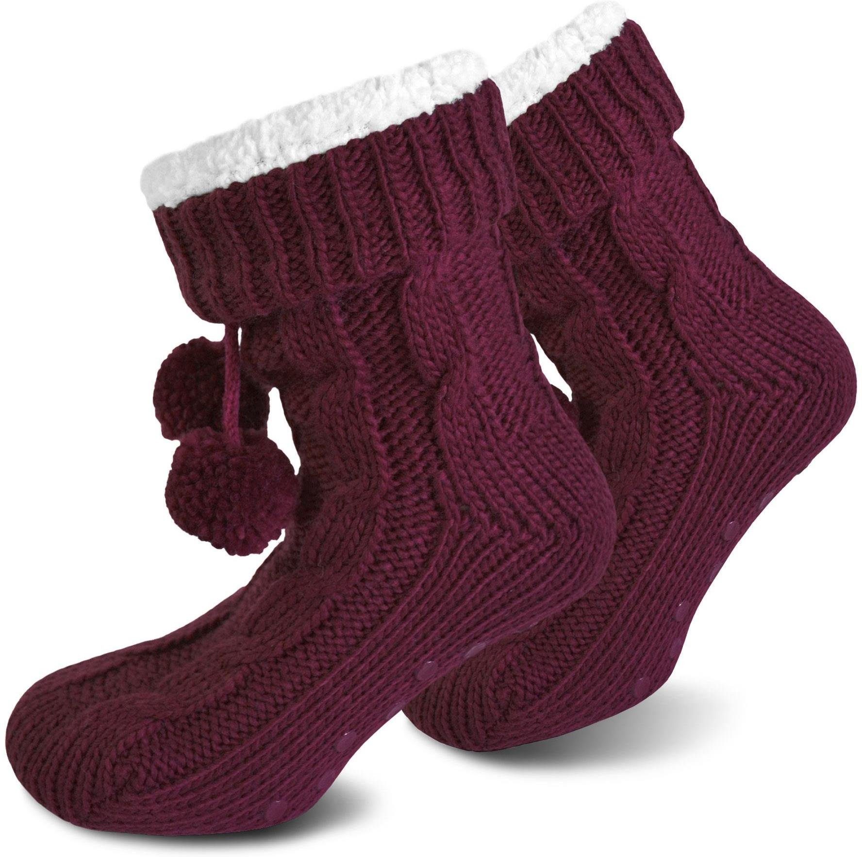 normani Kuschelsocken Strick-Hausschuhe mit Bommeln und ABS (1 Paar) dickes, kuscheliges Futter Bordeaux