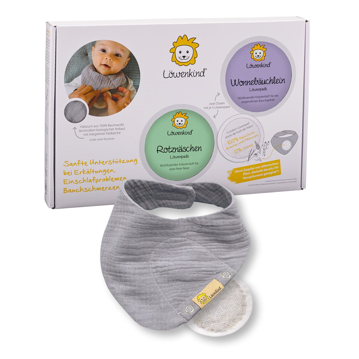 Löwenkind Neugeborenen-Geschenkset Einsteigerbox mit Halstuch Grau, Wonnebäuchlein und Rotznäschen (Einsteiger-Set) Einfache Anwendung - Schnelle Wirkung
