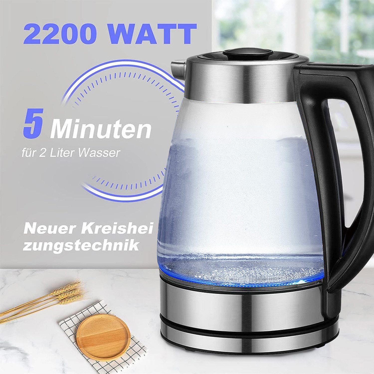 Forrlite Wasserkocher Wasserkocher mit temperatureinstellung, Wasserkocher Glas 2,0 Liter, 2200 W, Temperaturwahl 40-100°C Farbwechsel LED Temperatur