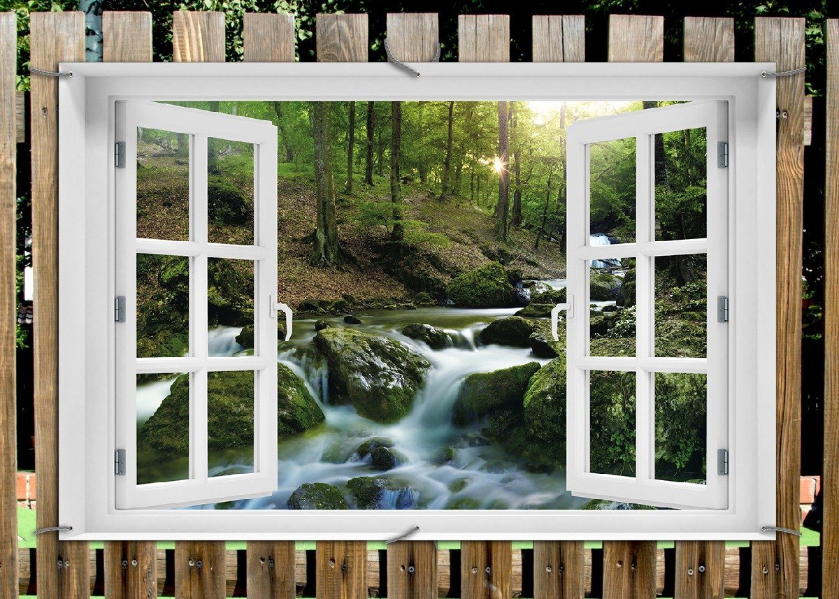 Thumbnail - Wallario Sichtschutzzaunmatten Fließender Bach im Wald bei Sonnenuntergang, mit Fenster-Illusion