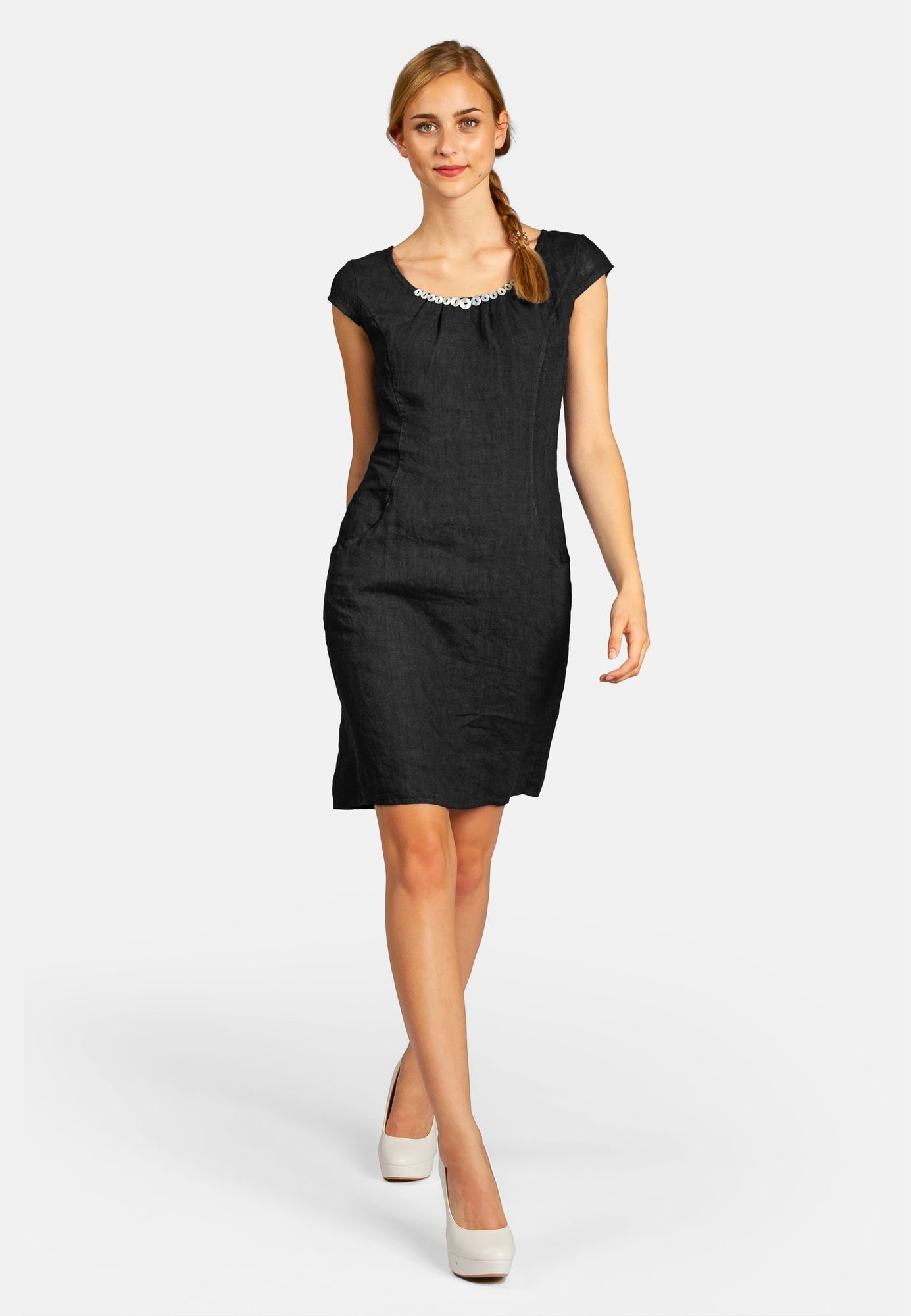 Caspar Sommerkleid SKL018 knielanges Damen Sommer Leinenkleid mit Perlmutt günstig online kaufen