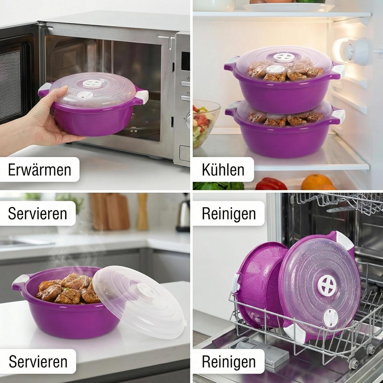 Lantelme Mikrowellenbehälter Mikrowellenschüssel 1,8 Liter violett stapelbar, Kunststoff, (1-tlg., Für Mikrowelle, Gefrier- und Kühlschrank, Picknick), Schüssel – Bild 5 von 5