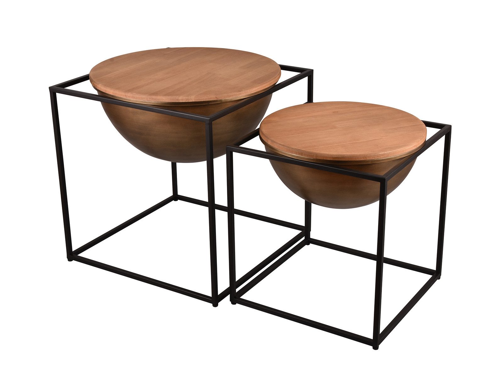 MIRRORS AND MORE Couchtisch (2er Set), ausgefallene Beistelltische Holz Nachttisch Metall Höhe 47cm und 55cm