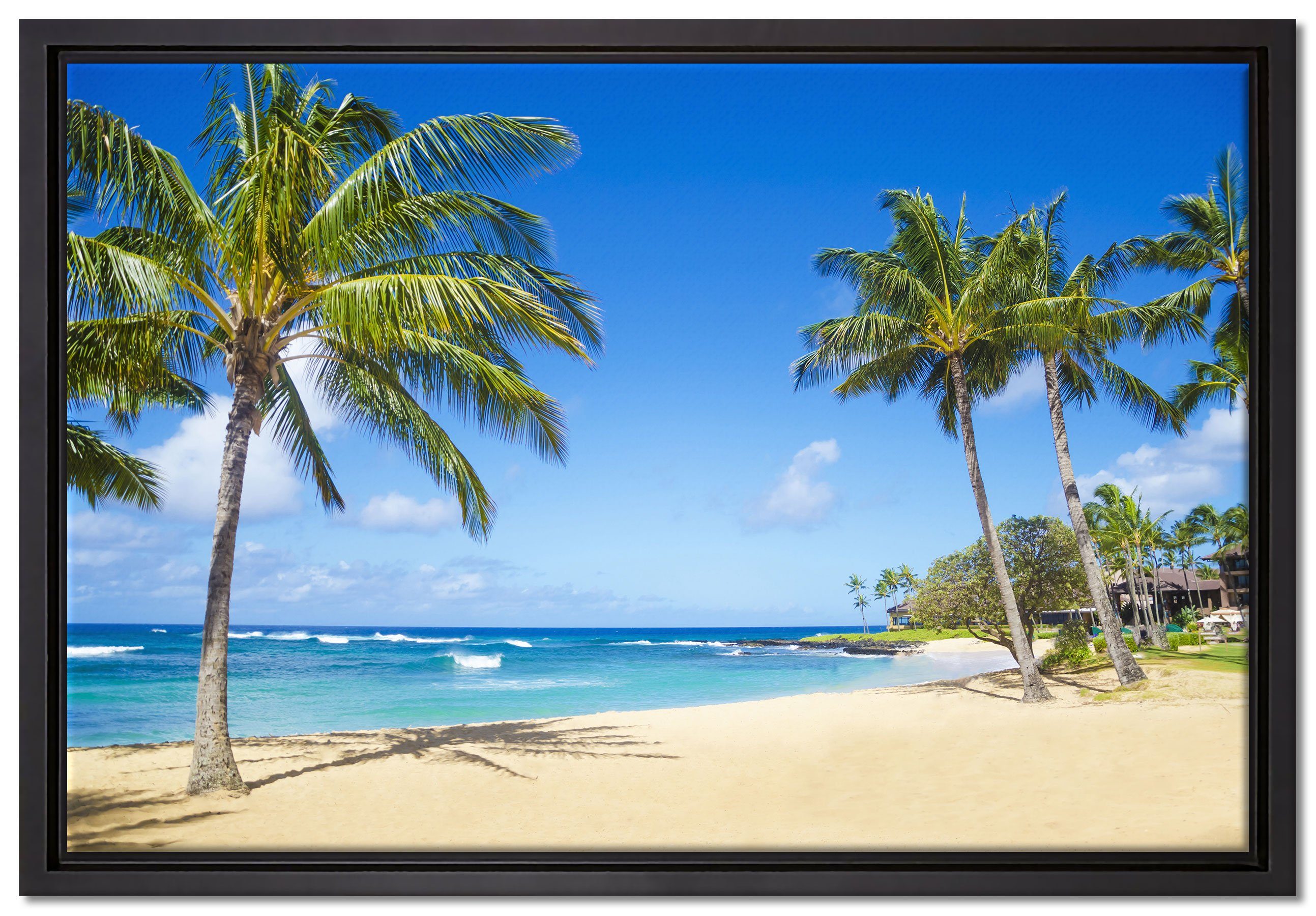 Pixxprint Leinwandbild Wunderschöner Strand mit Palmen, Wanddekoration (1 St), Leinwandbild fertig bespannt, in einem Schattenfugen-Bilderrahmen gefasst, inkl. Zackenaufhänger