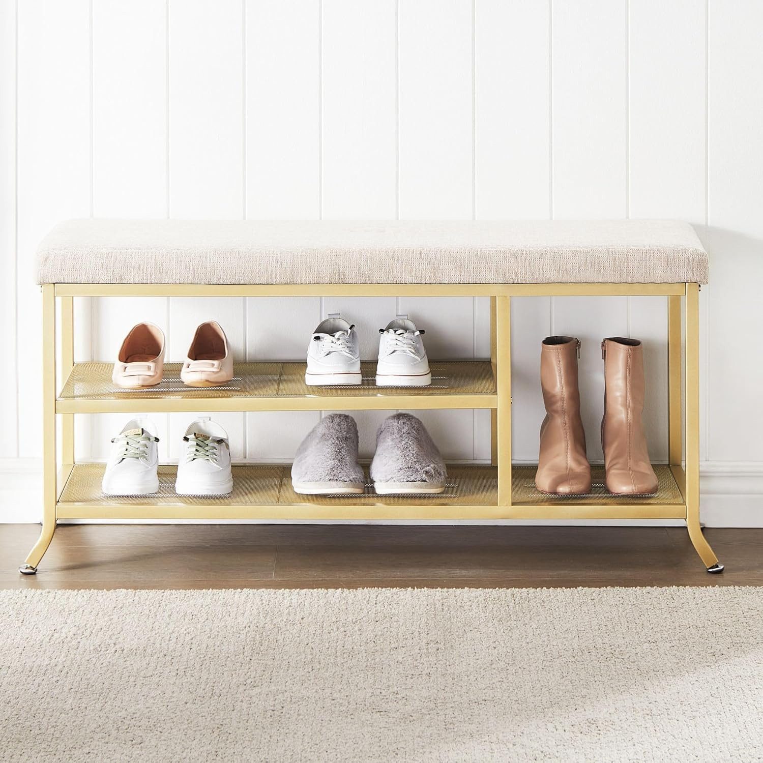 GarveeMore Schuhbank mit Sitzkissen,2 Tier, Schuhtruhe, 100x32x48cm, Gold