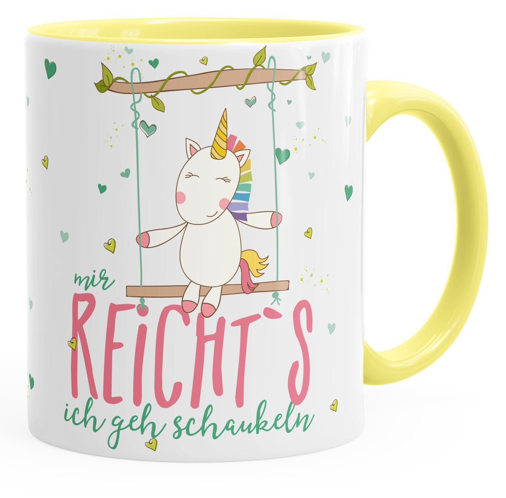 Tasse reichts Henkel Spruch Unicorn mit Mir Kaffee-Tasse MoonWorks®, Einhorn schaukeln MoonWorks ich geh Keramik Tasse gelb farbigem