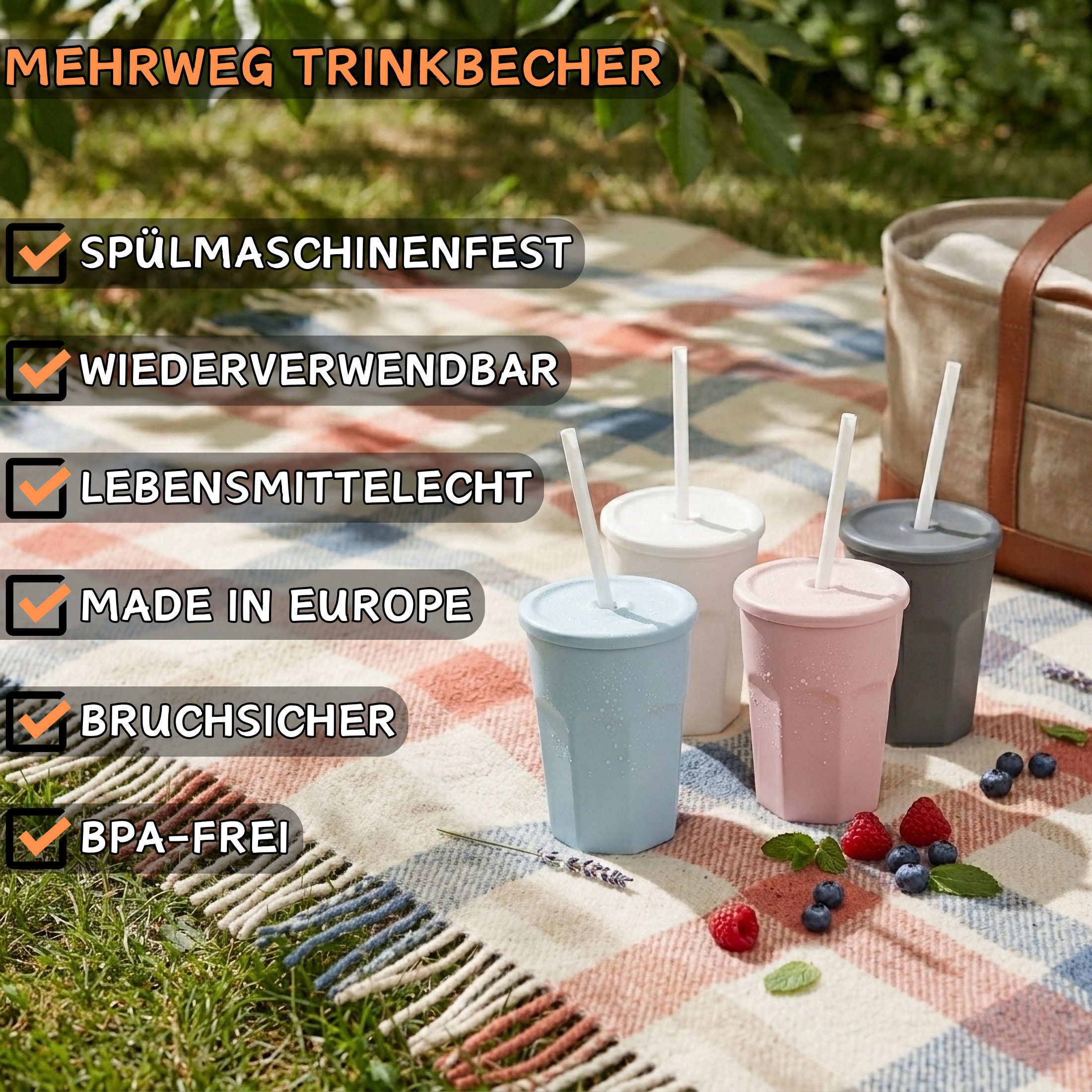 Engelland Becher Wiederverwendbare Plastikbecher mit Deckel und Strohhalm, 0,25 Liter, 5-tlg., Kunststoff, BPA-frei, spülmaschinengeeignet, lebensmittelecht, Temperaturbeständig