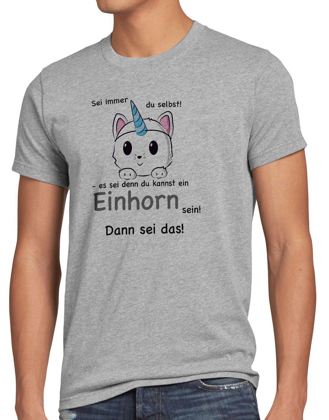 Herren Print-Shirt Unicorn selbst! Sei es du meliert sei style3 grau immer Spruch Fun Katze Einhorn T-Shirt denn