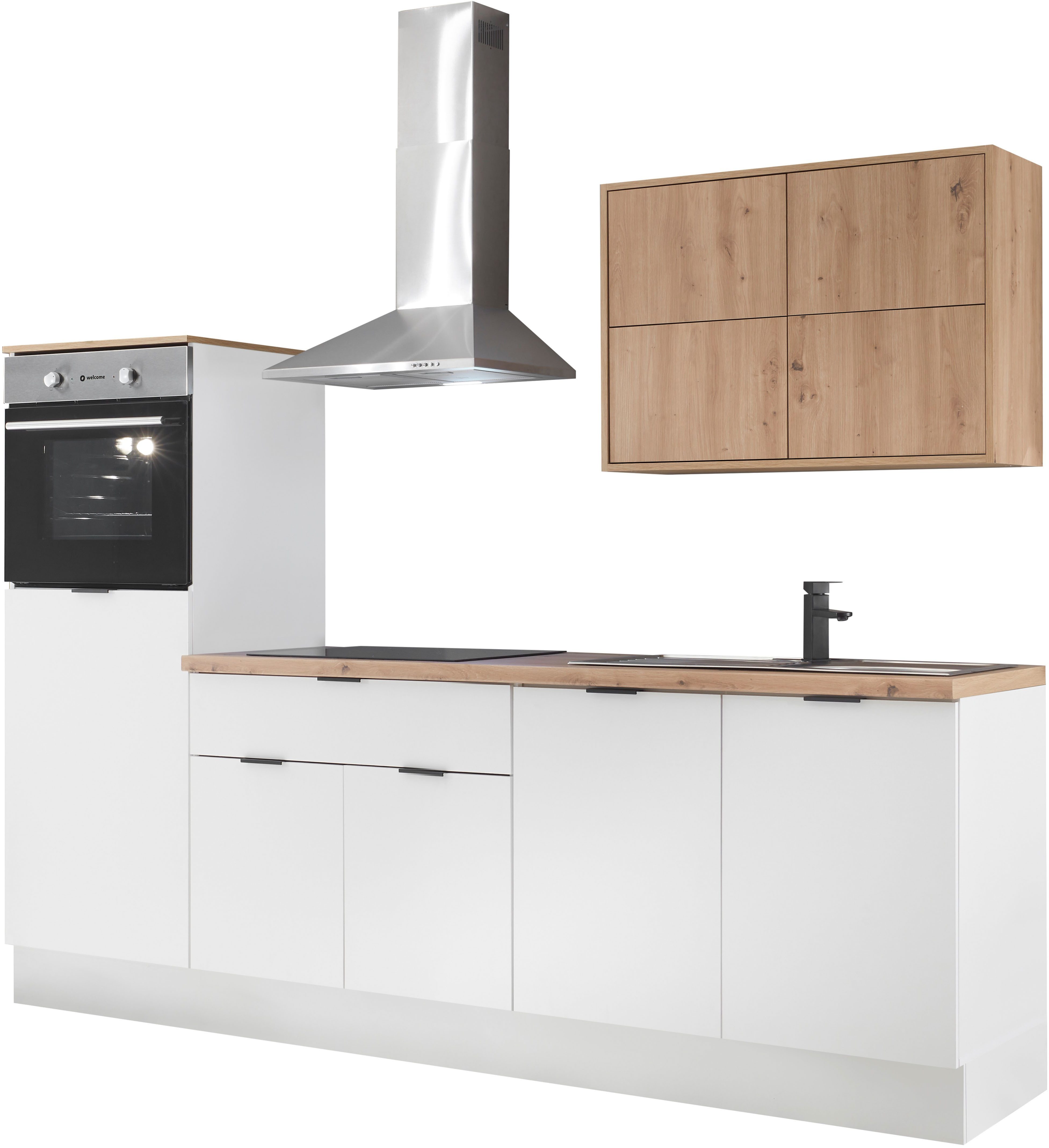 KOCHSTATION Küchenzeile KS-Georgia, mit 38mm starker Arbeitsplatte, Breite 250 cm, wahlweise mit E-Geräten und Kühlschrank