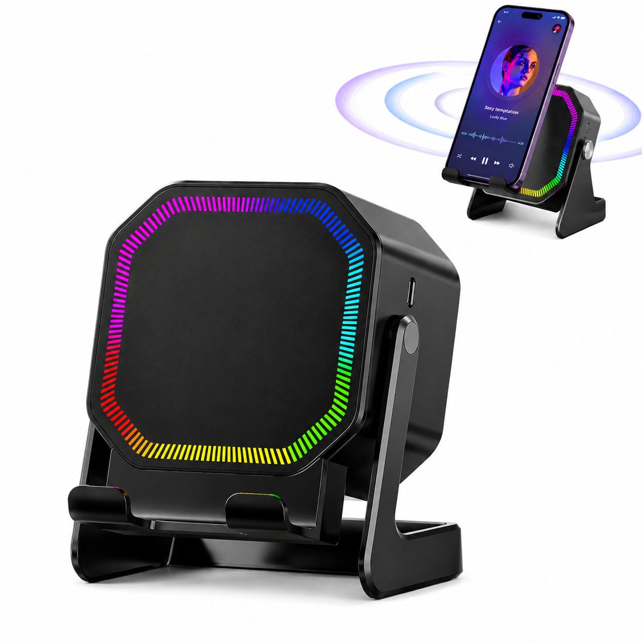 Fyrove RGB Bluetooth Lautsprecher mit Handyhalterung, Musik & Lichtshow Bluetooth-Lautsprecher Kabelloser Desktop-Lautsprecher (mit dynamischer RGB-Beleuchtung, Touch-Sensor und Handy-Ständer, für Gaming, Büro & Zuhause)