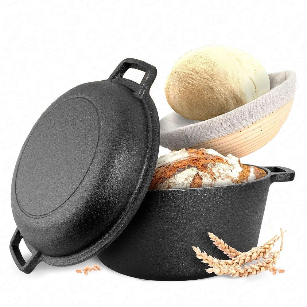 PFCTART Brotbackform Brotbackset mit Gusseisen Brotbacktopf 26 cm & Gärkörbchen, (Set 11-tlg), Dutch Oven mit Banneton Set für Sauerteigbrot & Brotbacken