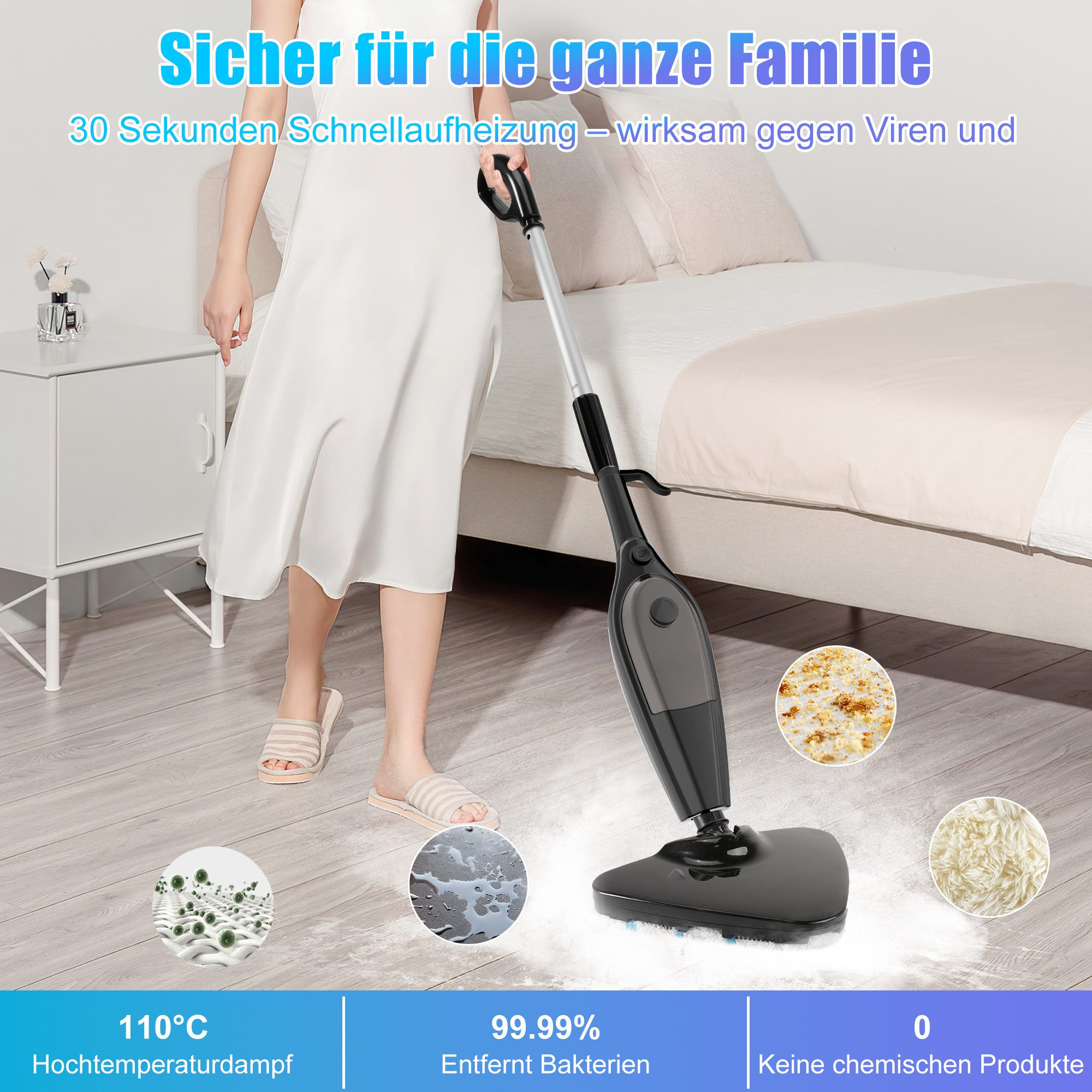 ibettertec Dampfreiniger 9-in-1-Dampfreiniger, Dampfmopp mit Mikrofaserpad, 2000 W, Aufheizzeit: 30 Sekunden, 400ml Wassertank, Hygienische Bodenreinigung ohne Chemie, Entfernt bis zu 99,9 % von Bakterien & Viren - Für alle Böden