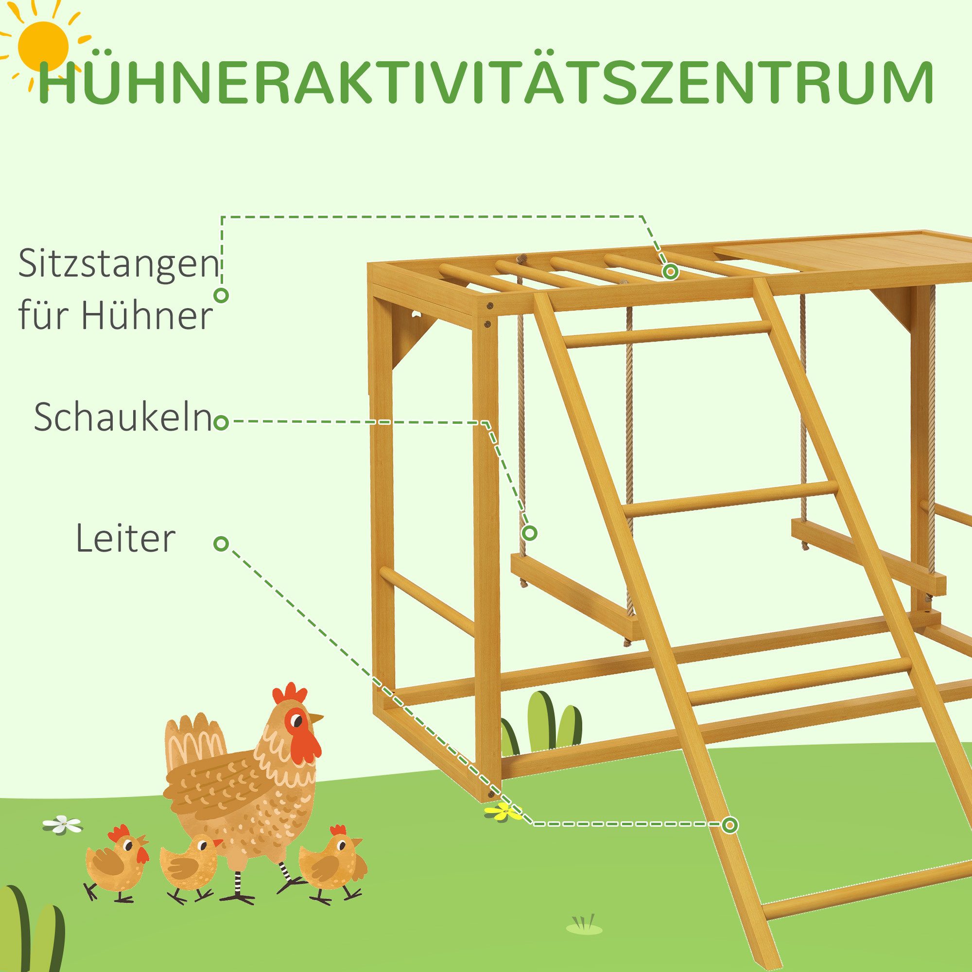 PawHut Hühnerstall Hühner-Spielgerüst aus Holz, Spielplatz mit Schaukeln, für 3-4 Hühner Naturholz – Bild 4 von 5