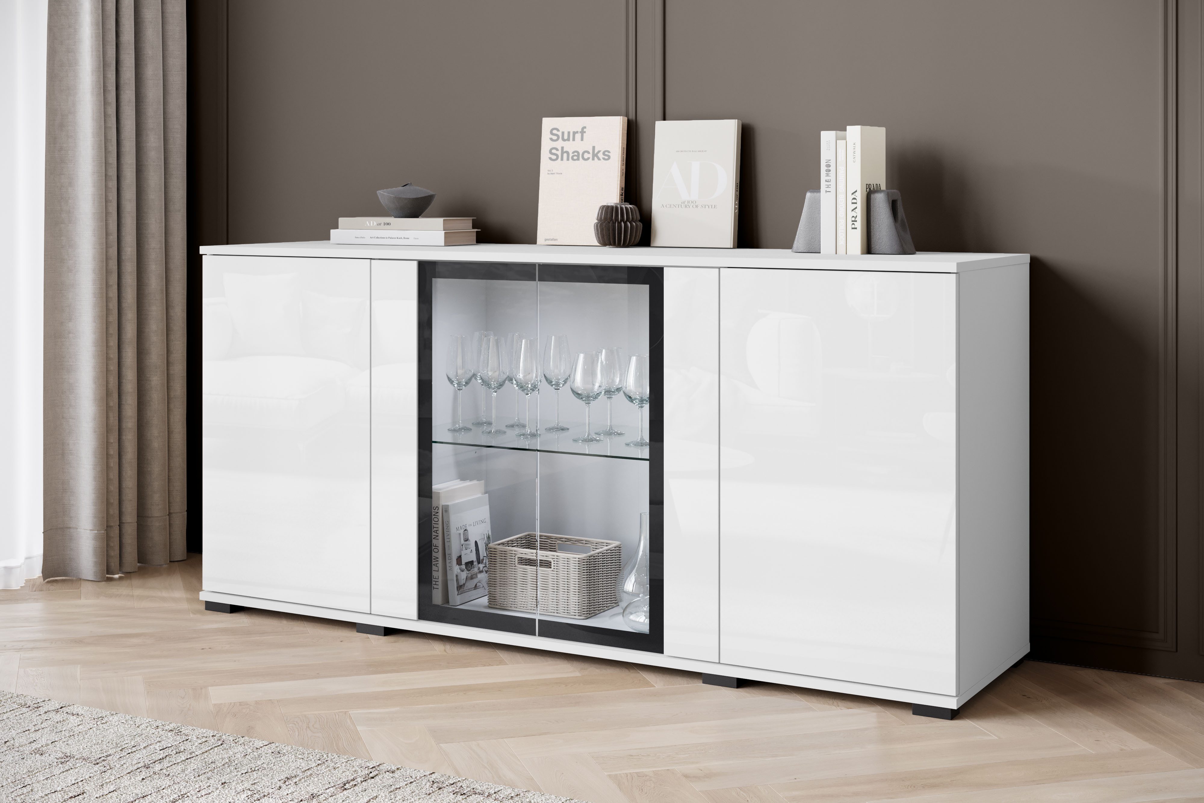 Home affaire Sideboard Caro, modernes Design mit Glaseinsätzen, Breite 150 cm (1 St), Grifflose Fronten mit Push-to-Open, höhenverstellbare Einlegeböden
