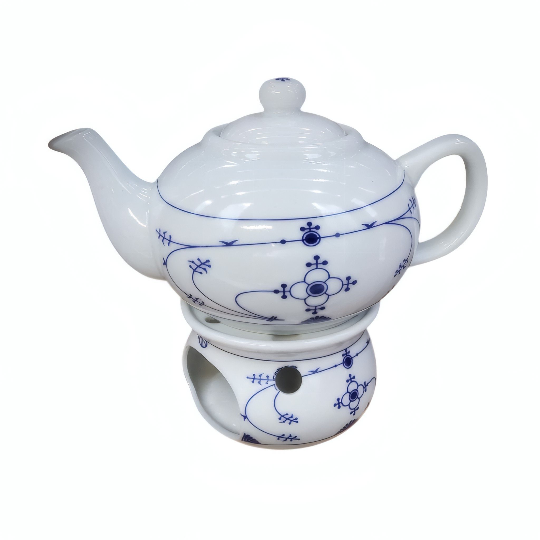 Teekanne Teepott und Stövchen Indisch Blau, ca. 0,75 l, ca. 16 cm aus Porzellan