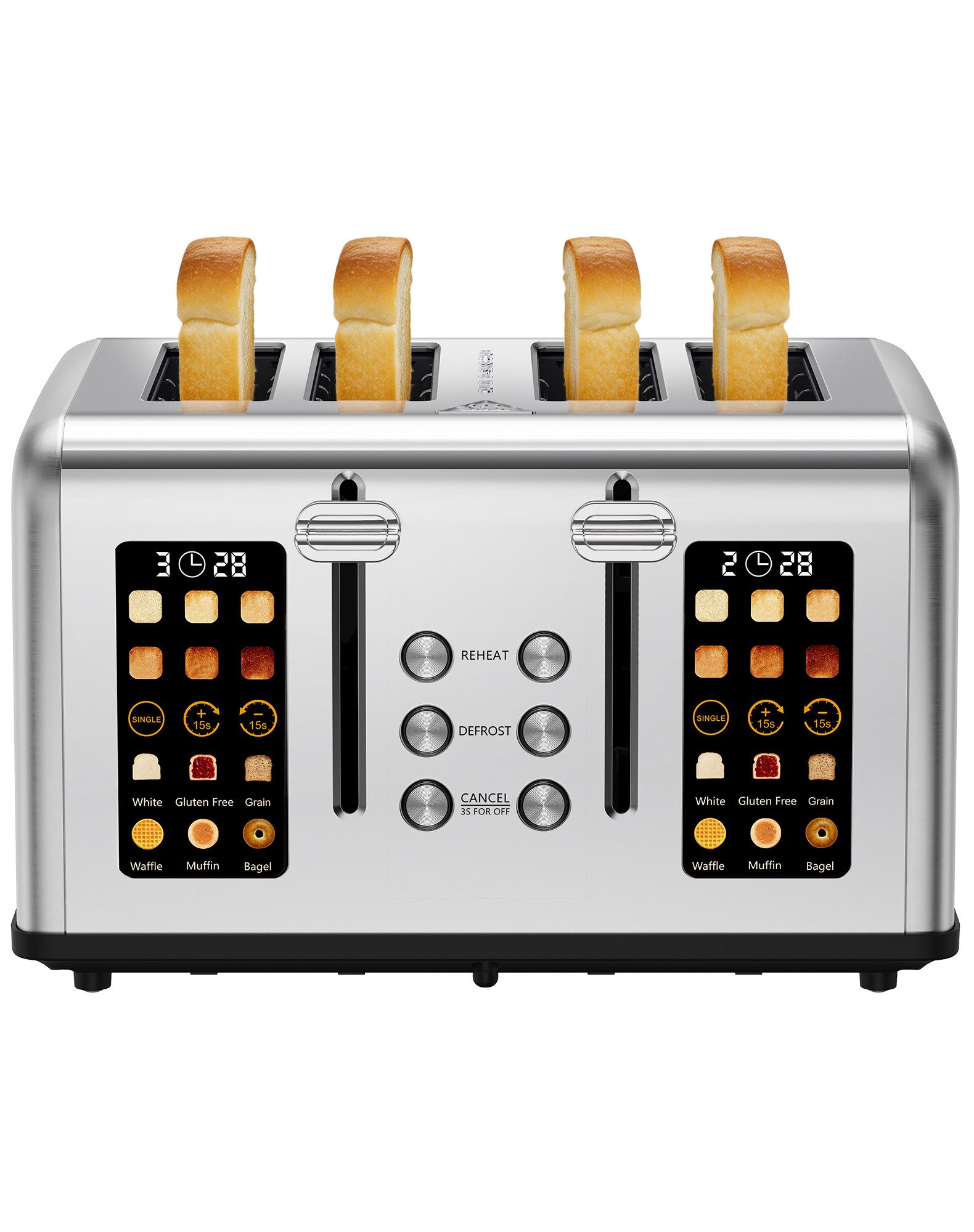 Fofile Toaster 2/4 Scheiben LED Anzeige Berührungskontrolle Aufwärmfunktion, 4 kurze Schlitze, für 4 Scheiben, 1760 W, Abbruch-, Auftau- & Aufwärmfunktion, 8 Bräunungsstufen, 6 Brotsorten