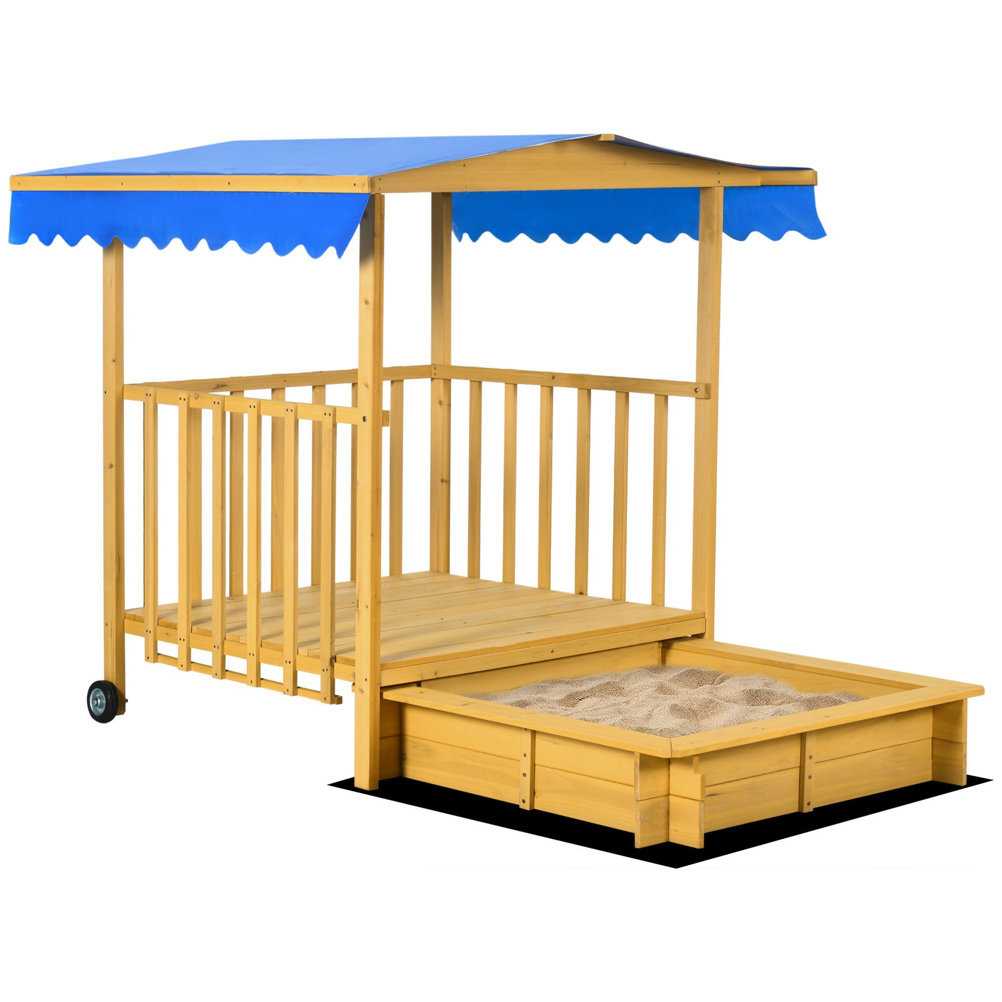 Outsunny Sandkasten Sandkiste aus Holz mit Spielhaus, (Kinderspielhaus, 1-tlg., Sandbox), für Garten, Balkon, Naturholz
