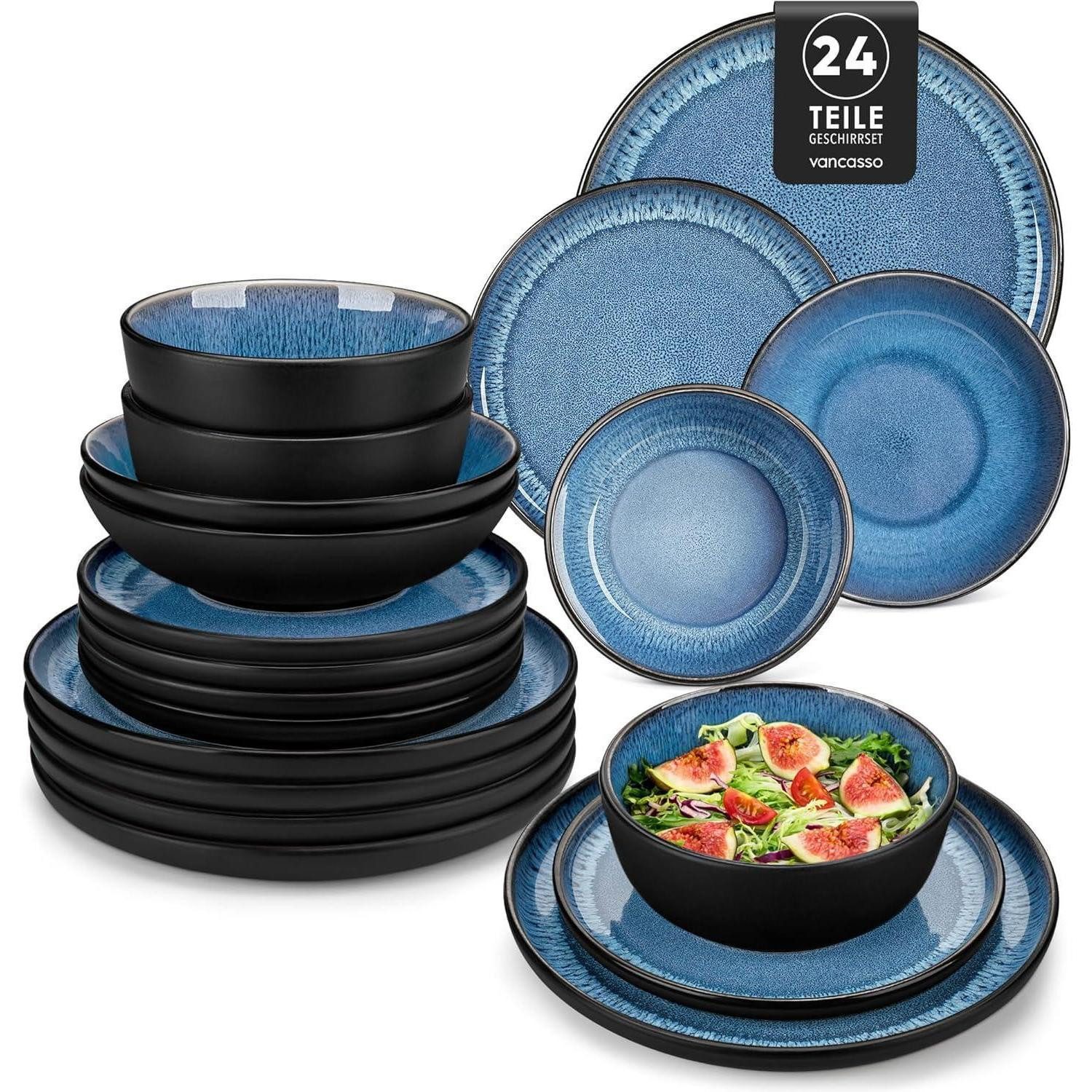 LuxusKollektion Tafelservice Geschirrset Steingut 6 Personen 24tlg Blau Teller 24 Teile Set Blau