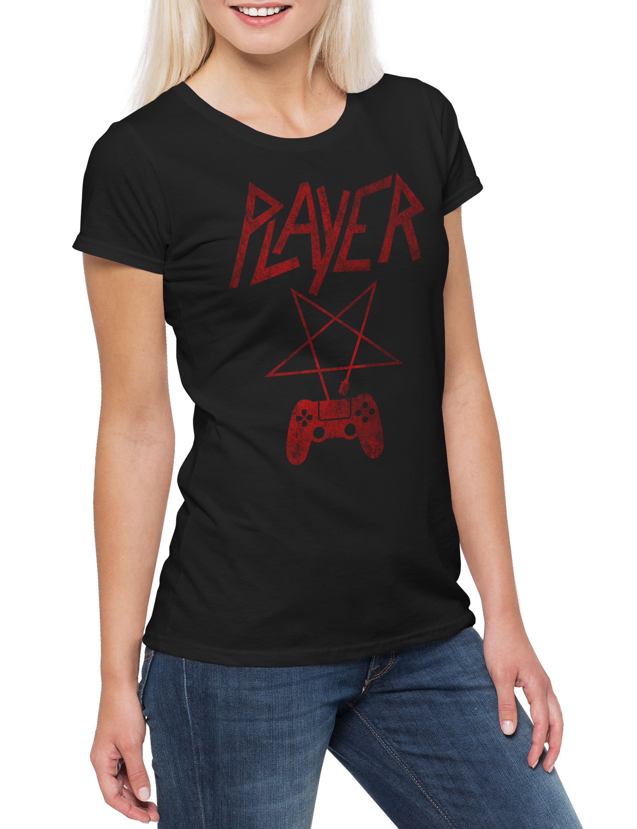 Print-Shirt Player P Damen T-Shirt Pentagramm Logo Pentacle Slayer Gamer Gaming
