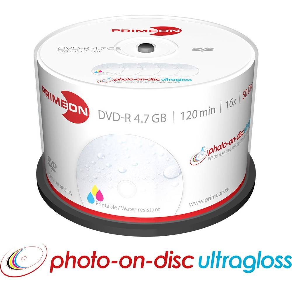 PRIMEON DVD-Rohling DVD-R 4.7GB 16x Photo-on-Disc ultragloss 50er Spindel 2761207, Bedruckbar, Hochglanz Oberfläche, Wasserfest, Wischfest