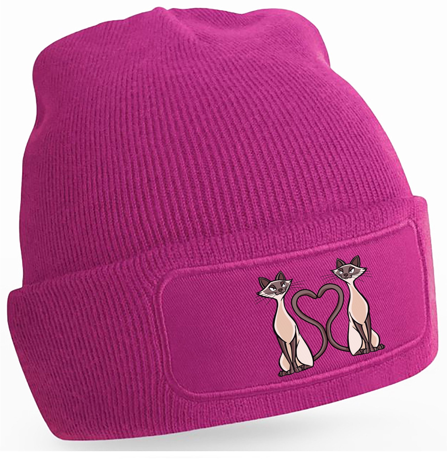 Strickmütze für kalte Tage - Beanie mit 2 verliebten Katzen Print