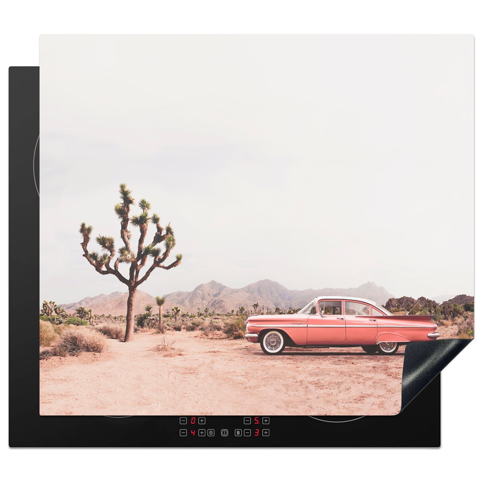 MuchoWow Herdblende-/Abdeckplatte Auto - Wüste - Baum - Berge - Sand, Vinyl, (1 tlg), 60x52 cm, Mobile Arbeitsfläche nutzbar, Ceranfeldabdeckung