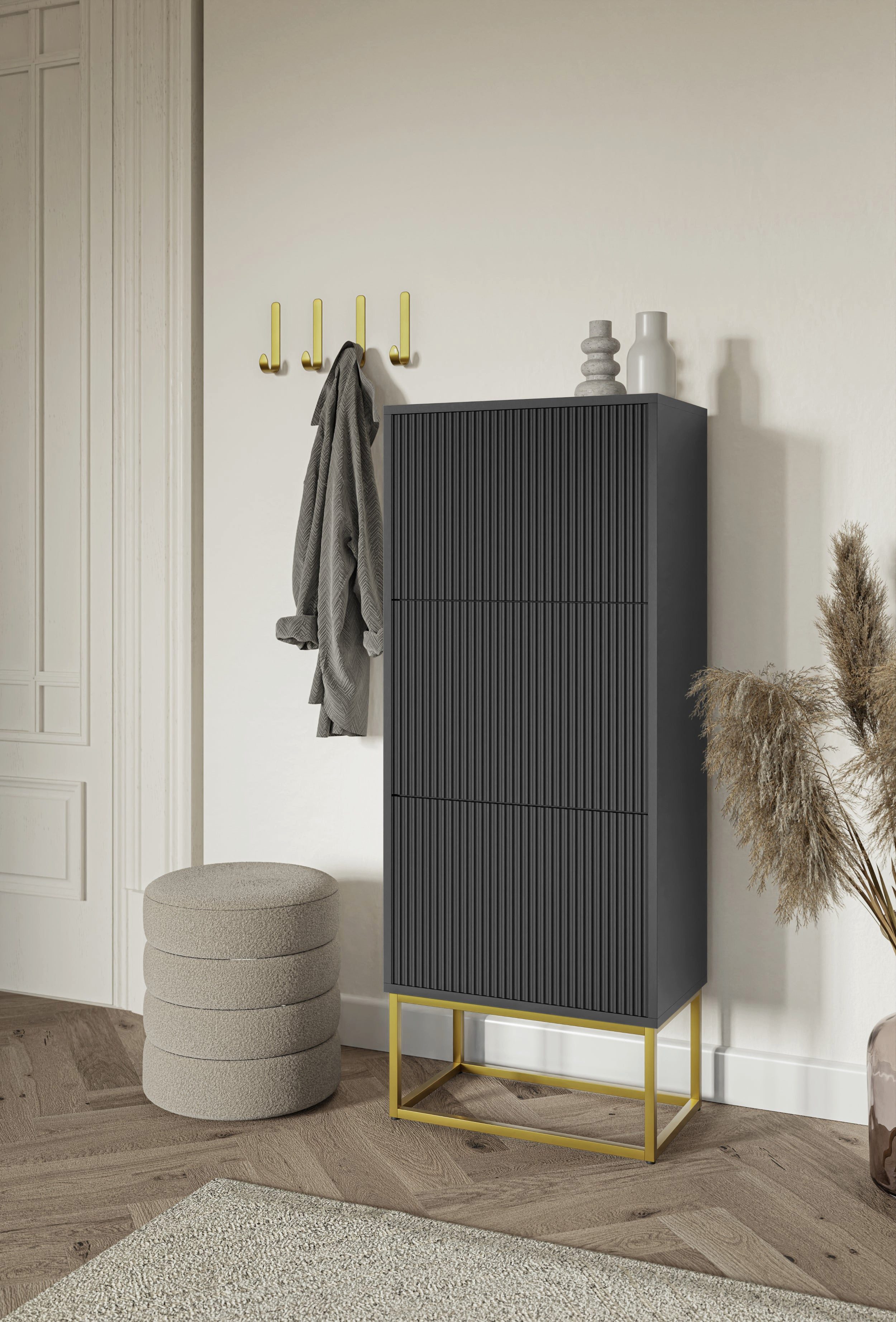 Selsey Schuhschrank VELDIO 3 Klappen mit geriffelten Fronten, goldenes Metallgestell, 50 cm