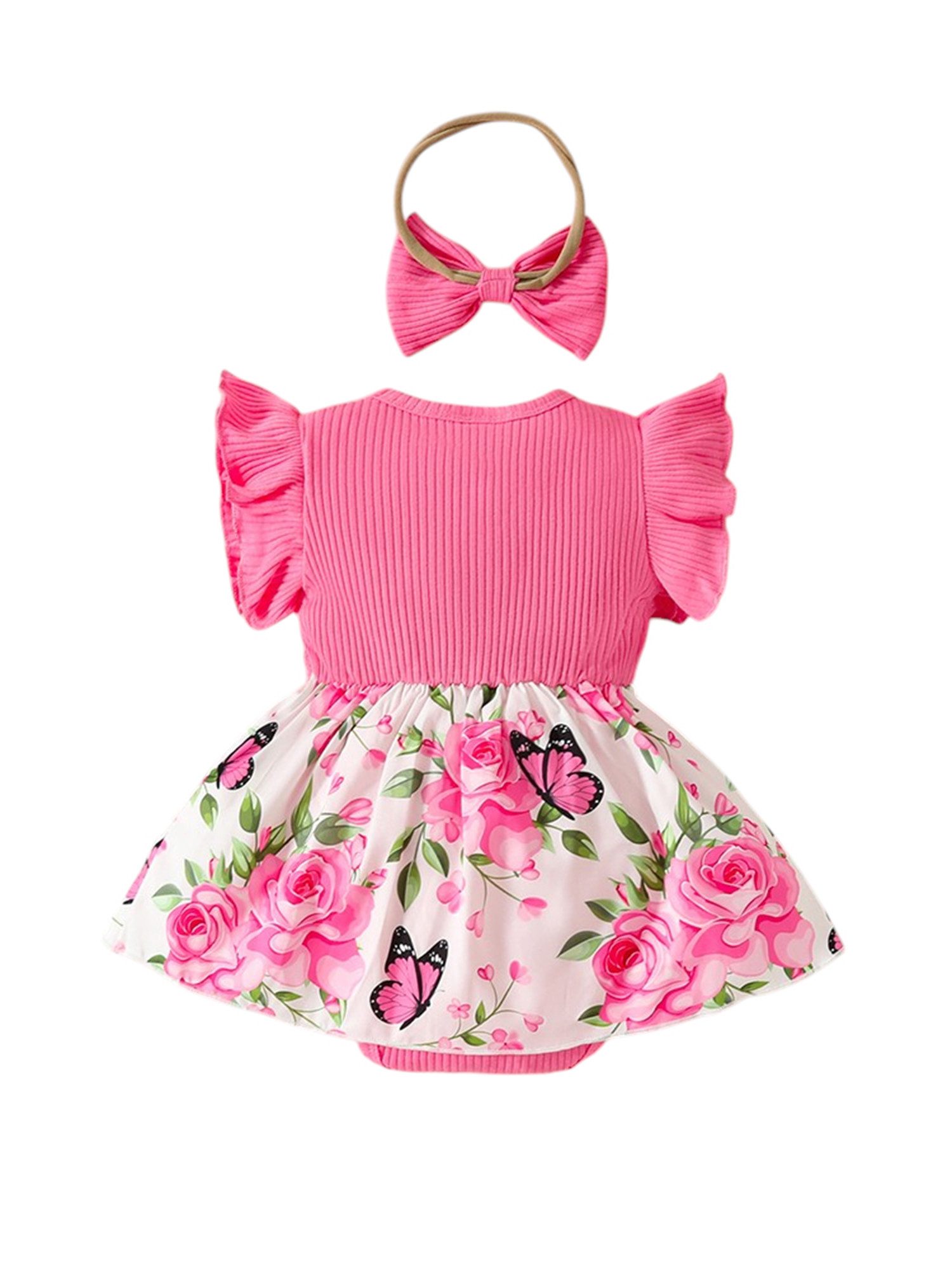 Lapastyle Strampler Neugeborenes Kurzarm Blumen Strampler & Haarband Outfits Baby Mädchen (Set, 2-tlg) Babykleidung mit Rüschen Sommerkleid süß Partykleid Set