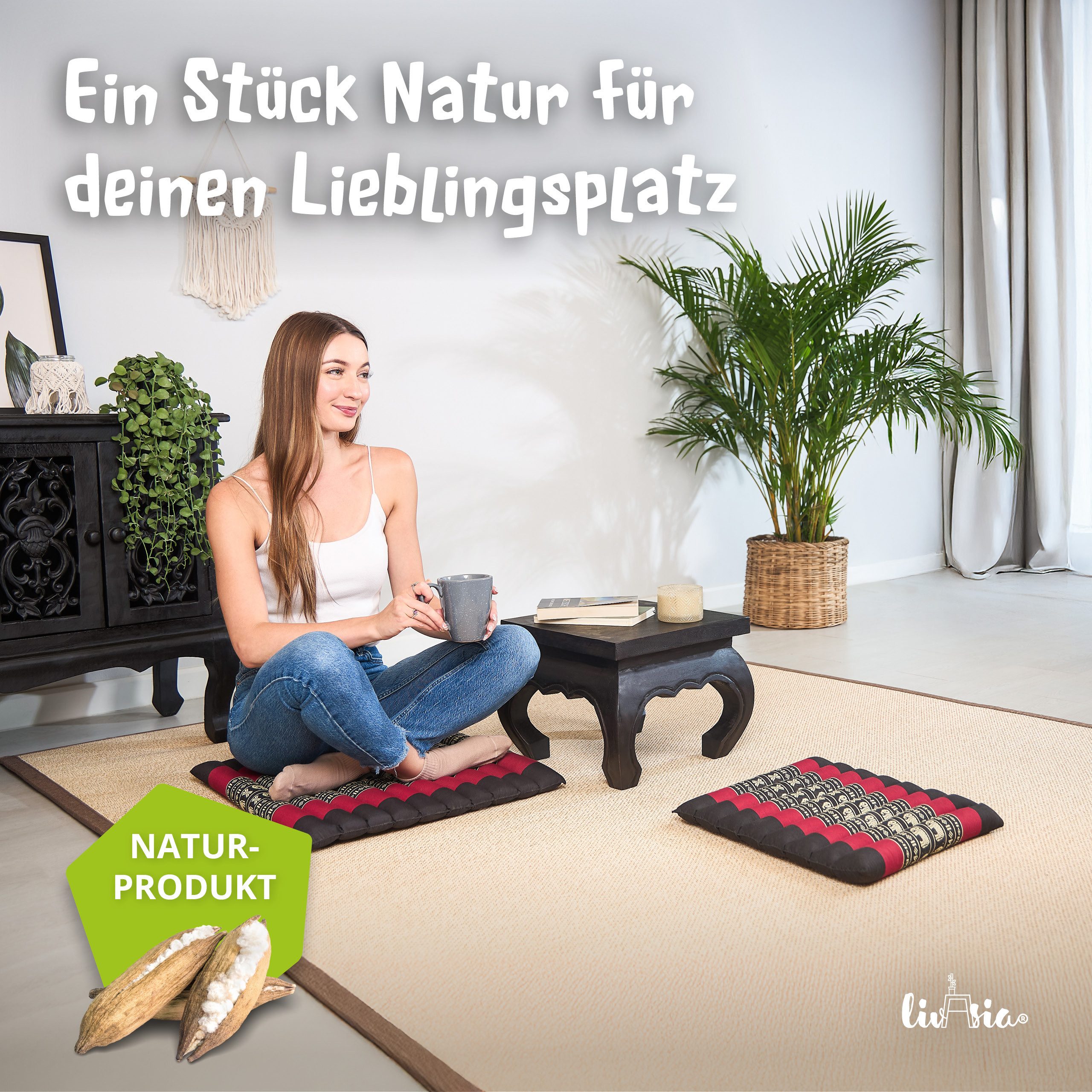 livasia Sitzkissen Steppkissen 35 cm, vegan und handgefertigt, 35x35x4,5cm, Kapok