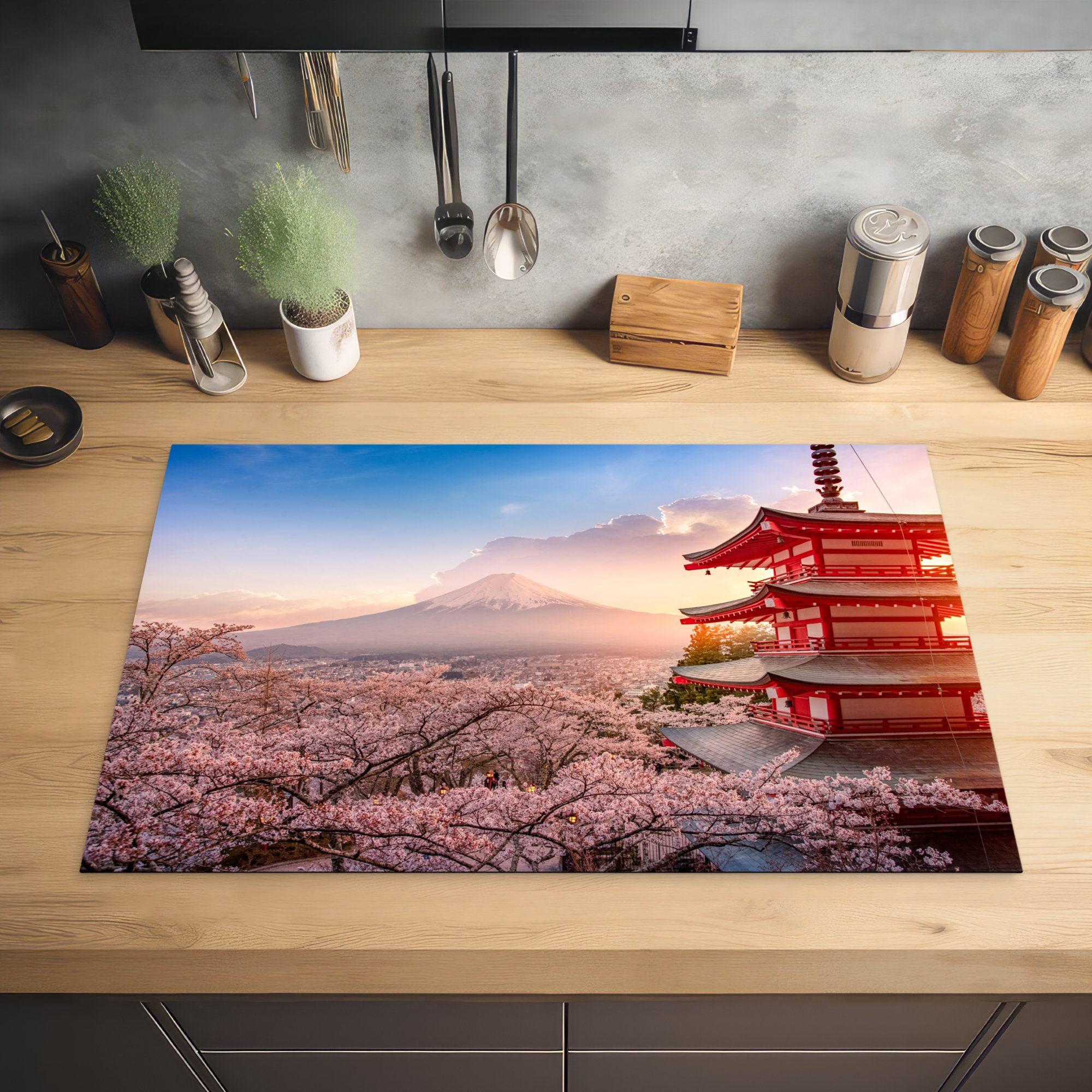Japan, Ceranfeldabdeckung - MuchoWow Fuji - die Blütenzweige Pagode Herdblende-/Abdeckplatte (1 für Schutz - - Sakura Vinyl, tlg), 81x52 küche, cm, Induktionskochfeld