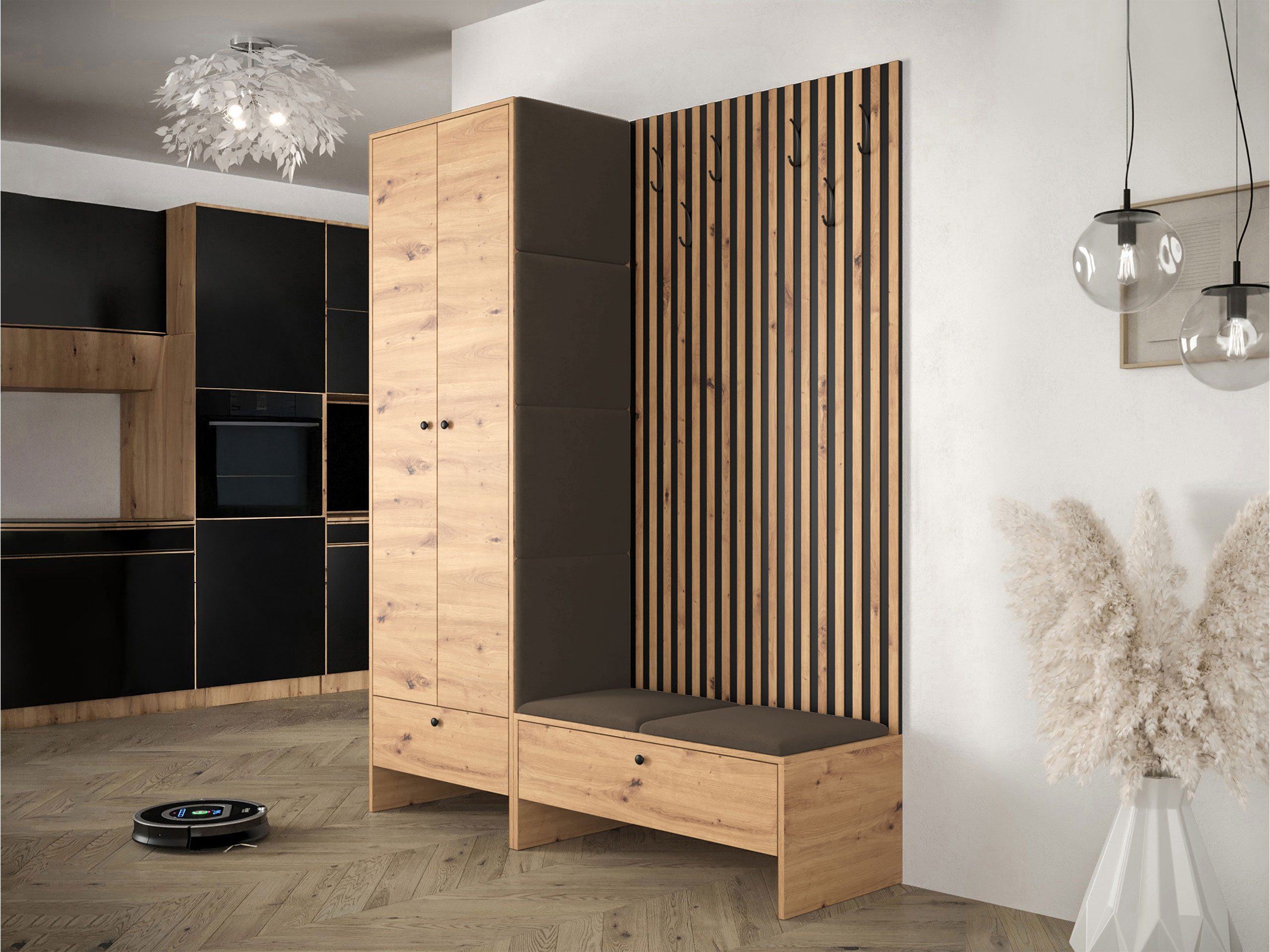 MIRJAN24 Garderoben-Set Balma IV, (Komplett-Set, Unterschrank mit Lamellen, 2x Gepolstertes Paneel 42x42), Griffe aus Metall