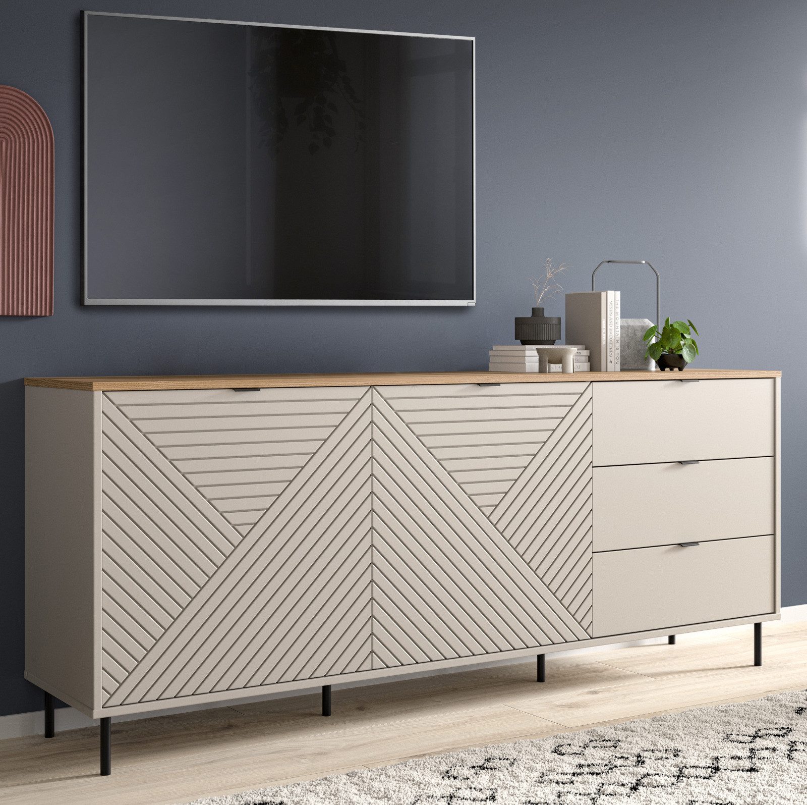 Furn.Design Lowboard Bente (Sideboard in Kaschmir / Sand mit Eiche, Breite 184 cm, bis 70), TV Komforthöhe, Schubkästen mit Vollauszug