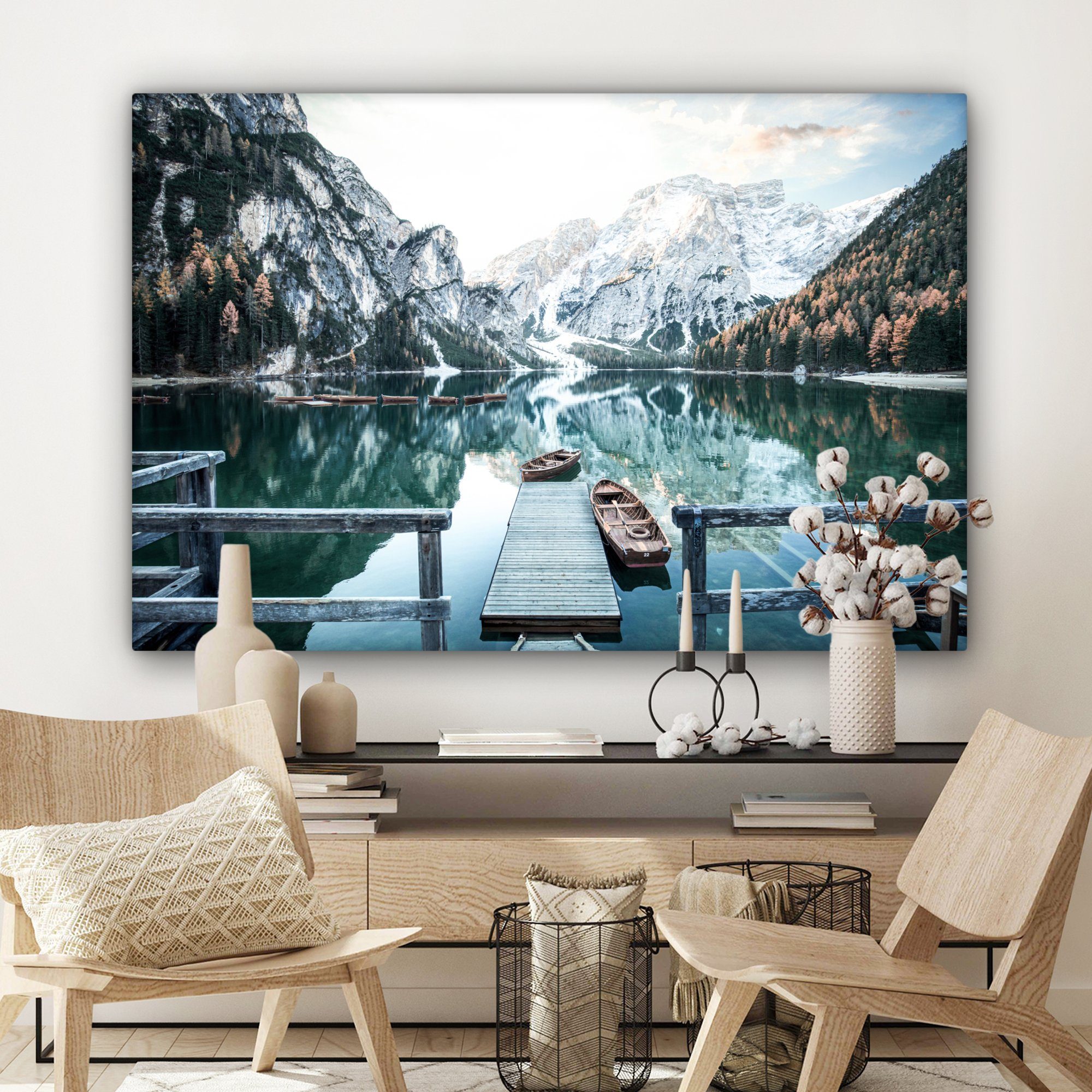 alle - XXL, Wohnbereiche, für Schnee - Leinwandbild OneMillionCanvasses® St), Berge Wald Gemälde, 120x80 (1 Natur Boot, Wandbild - cm - großes,
