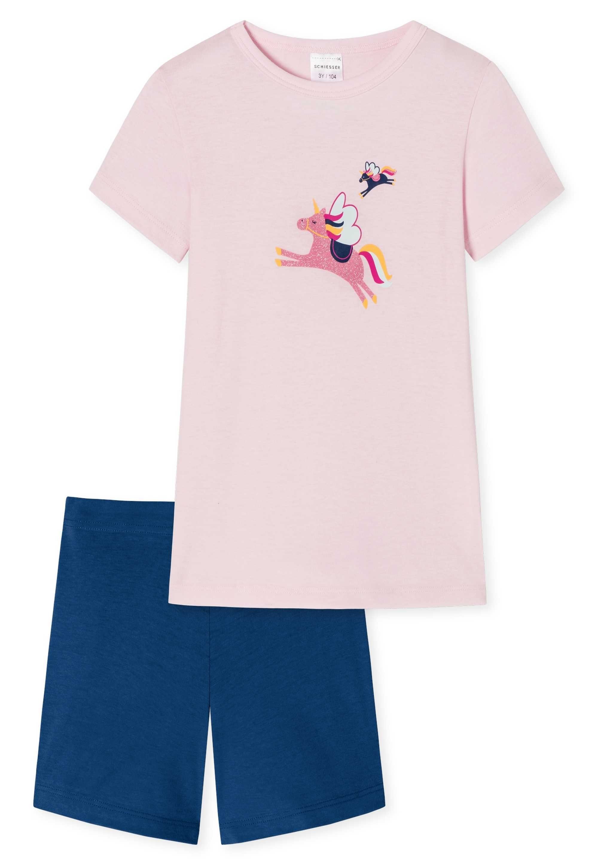 Schiesser Pyjama Mädchen Rosa/Dunkelblau - Schlafanzug Kinder kurzarm