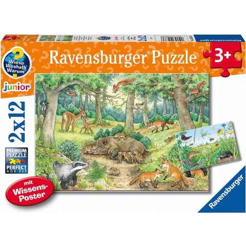 Ravensburger Puzzle Wieso? Weshalb? Warum? Junior, Tiere im Wald und auf der Wiese, 24 Puzzleteile, 2 x 12 Teile; Made in Europe; FSC® - schützt Wald - weltweit