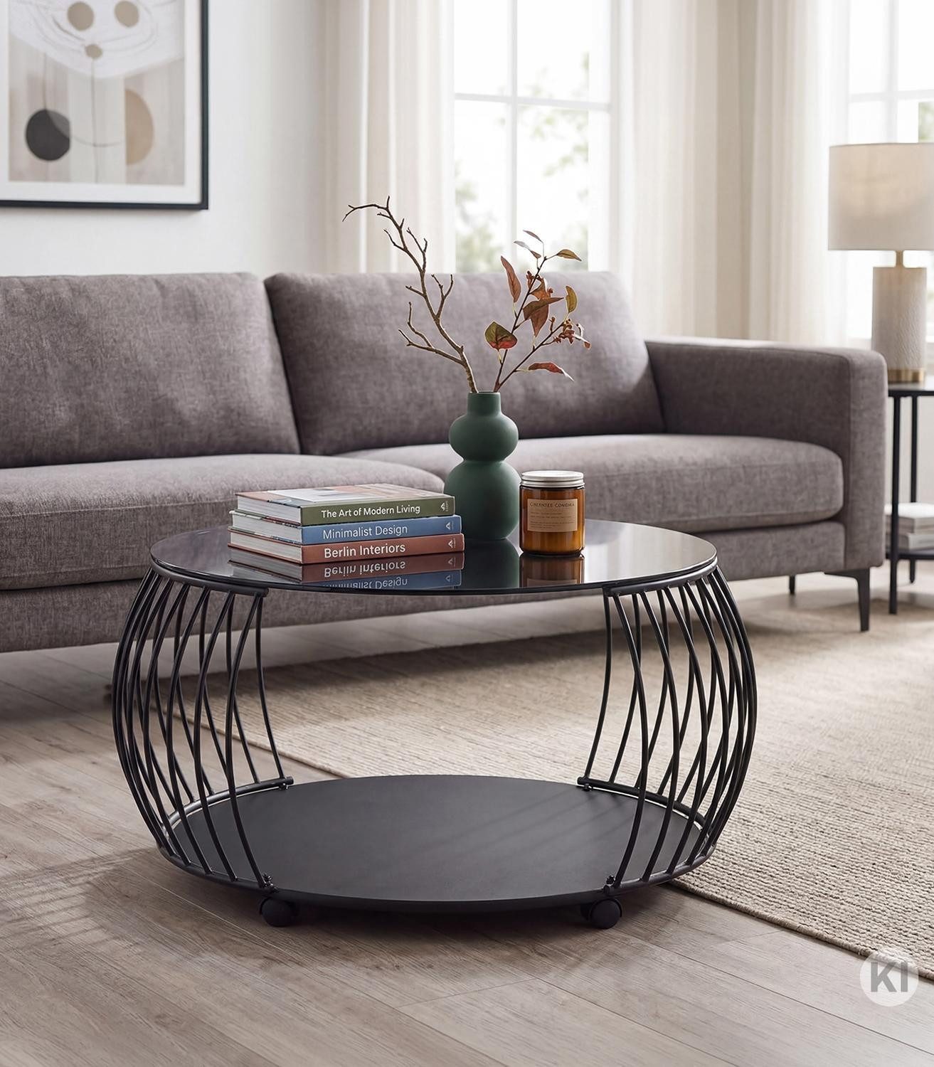 M2 Kollektion Couchtisch SHANGHAI, Ø 80 cm, Schwarz, Grauglas, Metall, mit Rollen, Ablagefläche aus MDF