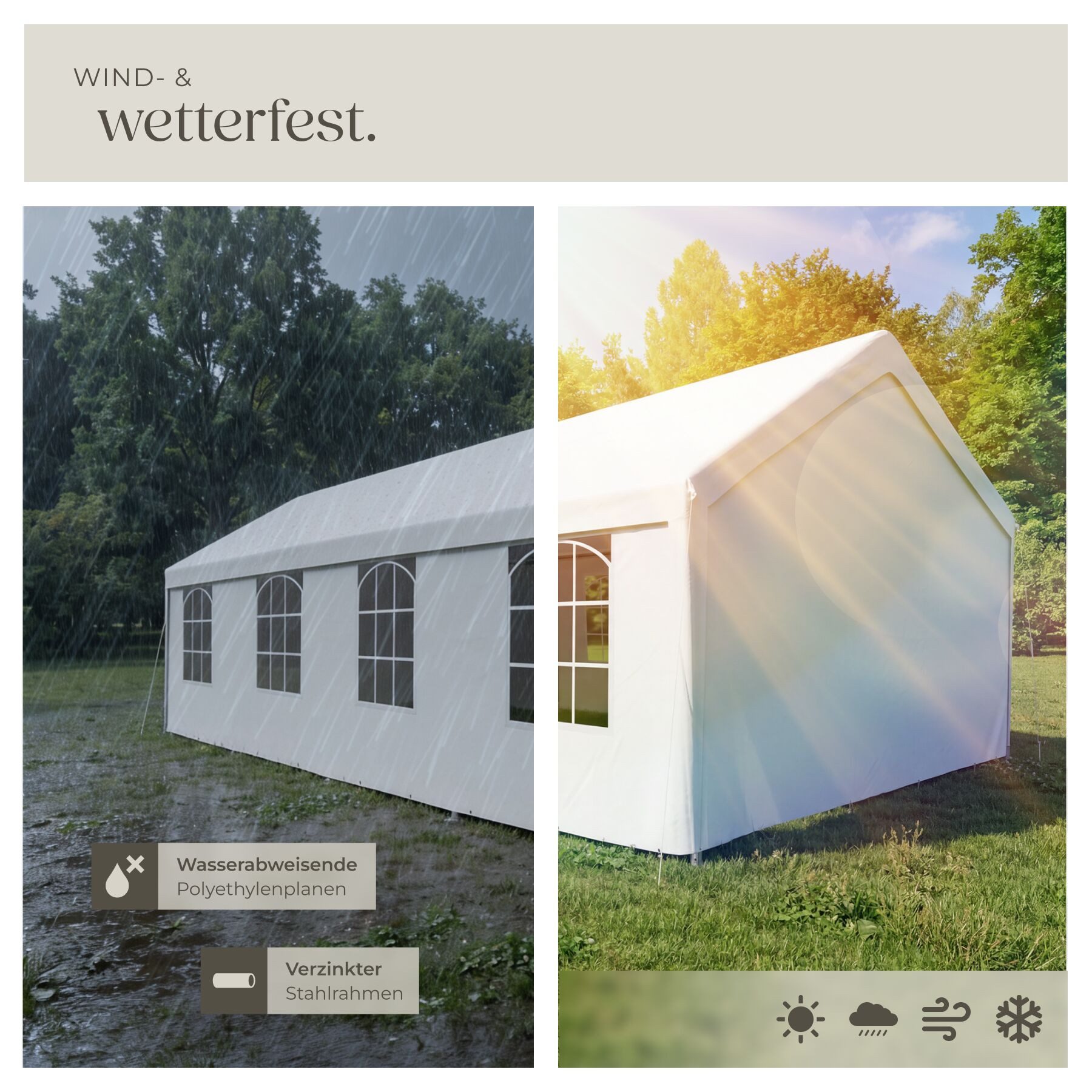 tectake Pavillon Eventzelt 4 x 8 m wasserdicht mit UV-Schutz und abnehmbaren, mit 4 Seitenteilen, (Gartenpavillon Mammut, in Weiß), Stahlgestell mit Spannseilen – Bild 4 von 5