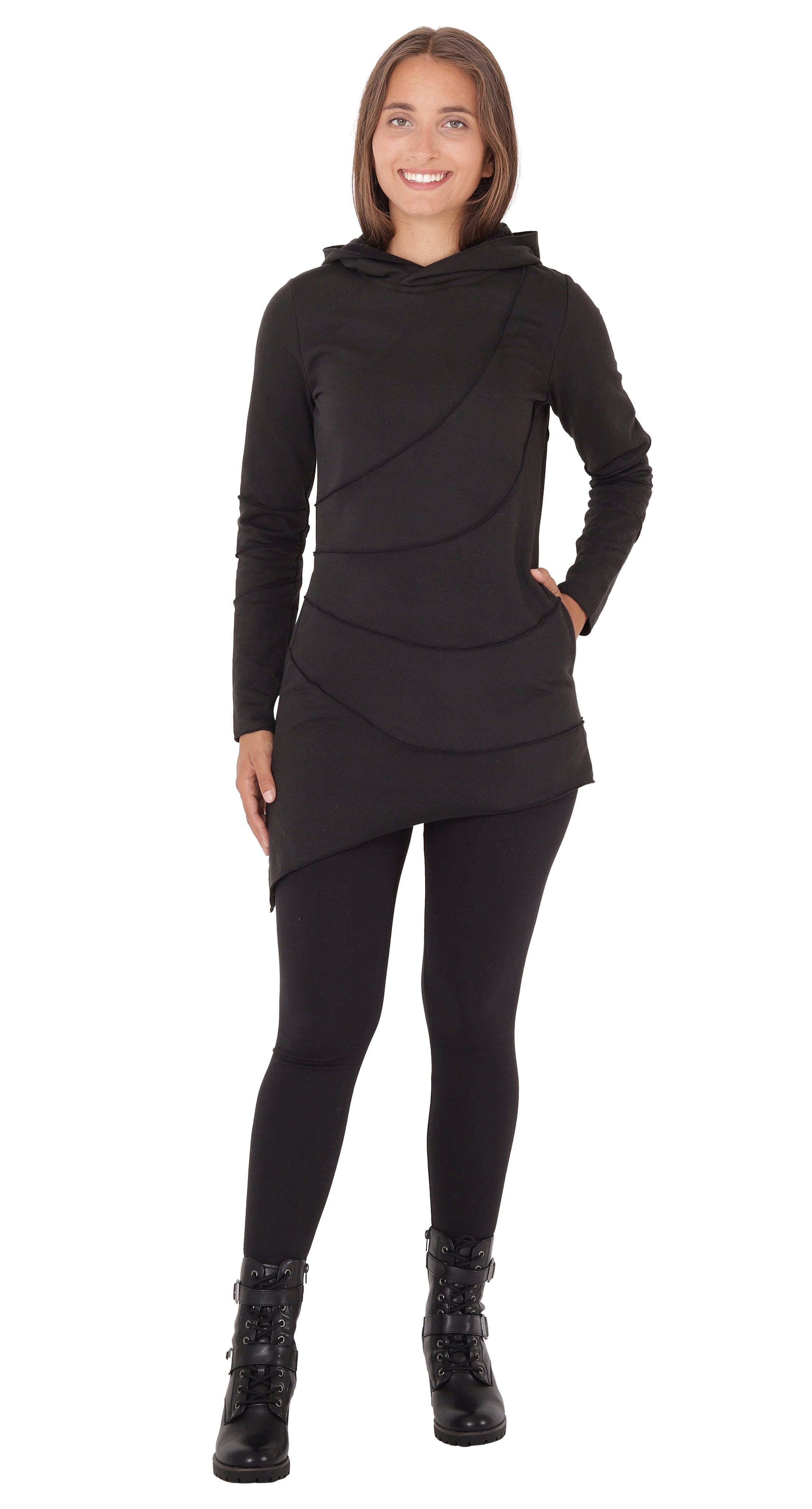 PUREWONDER Schwarz Longshirt Langärmlige dr23 Shirt-Tunika Kapuzenpullover