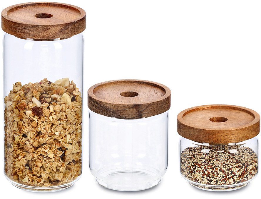 Zeller Present Vorratsglas, Akazienholz, Glas, Silikon, (Set, 3-tlg), mit Akaziendeckel