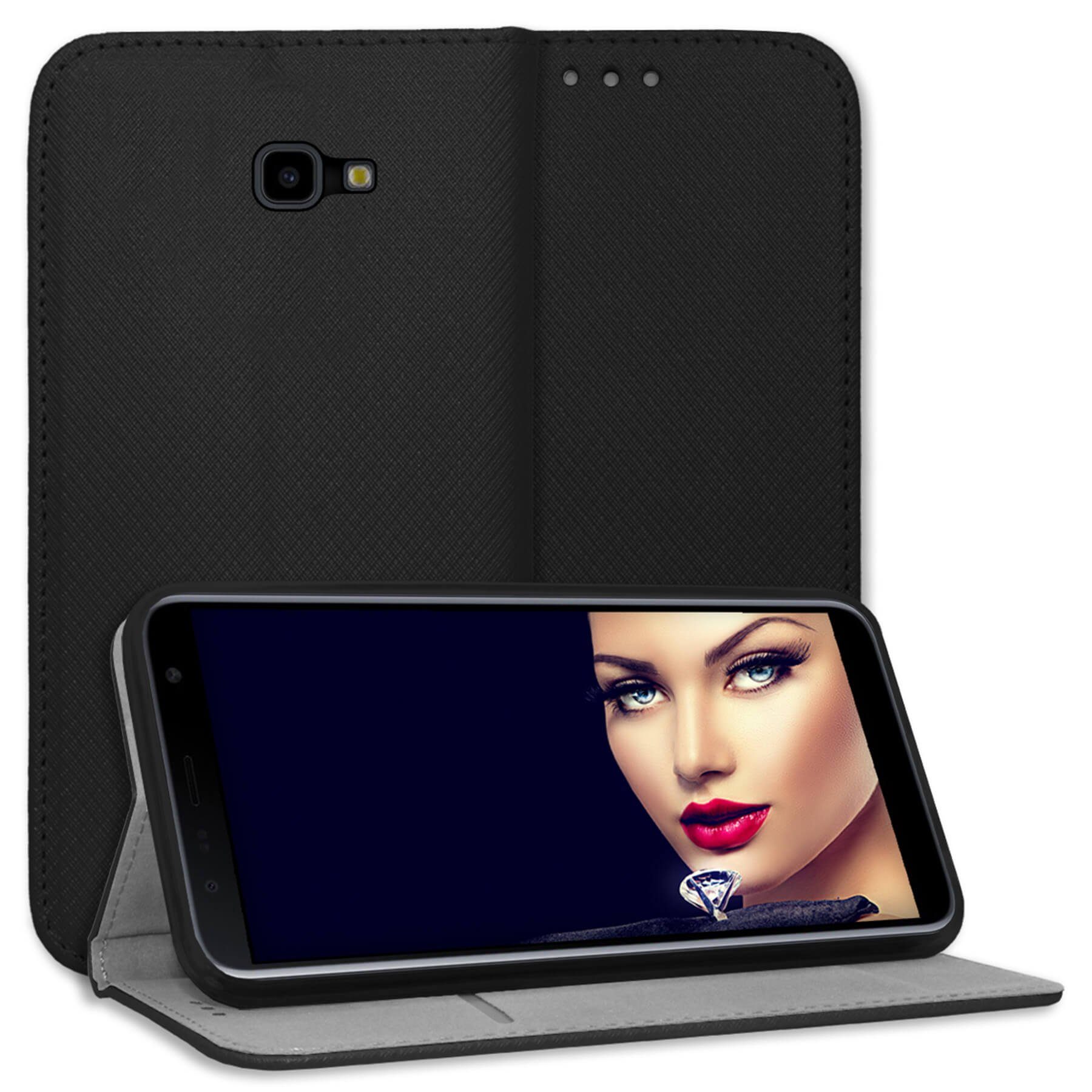 mtb more energy Smartphone-Hülle Smart Magnet für Samsung Galaxy J4 Plus, Schwarz, Bookstyle Klapphülle Cover Wallet Case aus Kunstleder