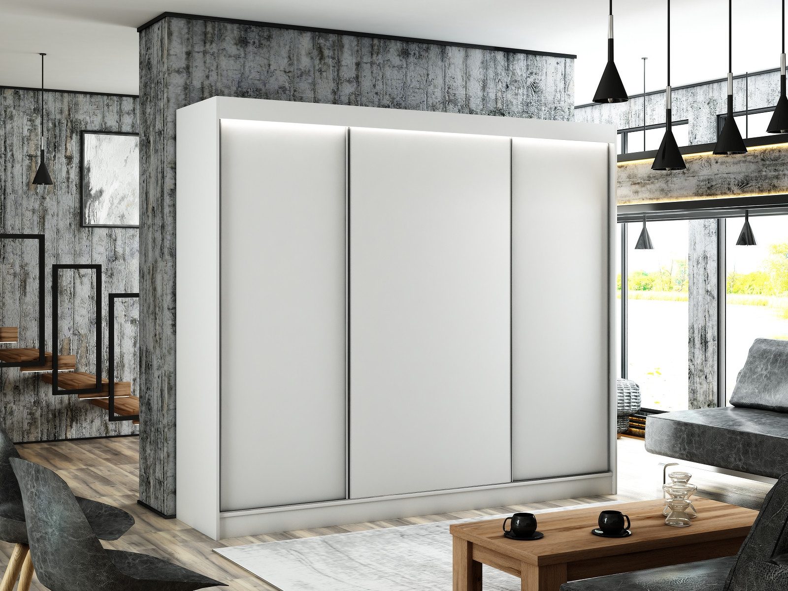 ALTDECOR Schiebetürenschrank BEROG (Kleiderschrank Garderobenschrank mit viel Stauraum Moderner Schrank) Vielseitiger Schwebetürenschrank LED Beleuchtung Schlafzimmer