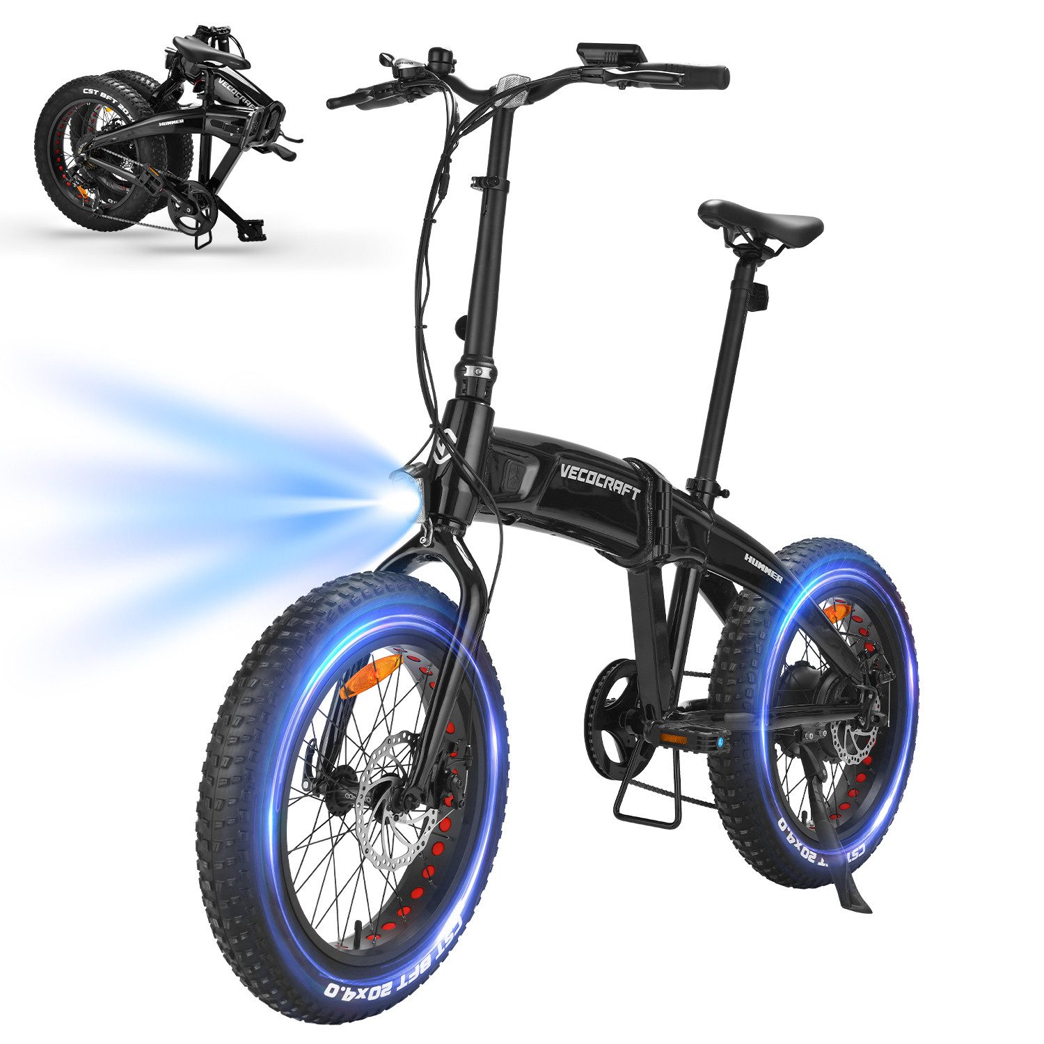 VECOCRAFT E-Bike Faltrad 20*4‘’ Elektrofahrrad,45Nm Klapprad Pedelec 48V10Ah,Akku bis 100km, 7 Gang Shimano, Kettenschaltung, Heckmotor, 480 Wh, (Max.25 km/h), Fette Reifen, HUMMER, für Damen und Herren