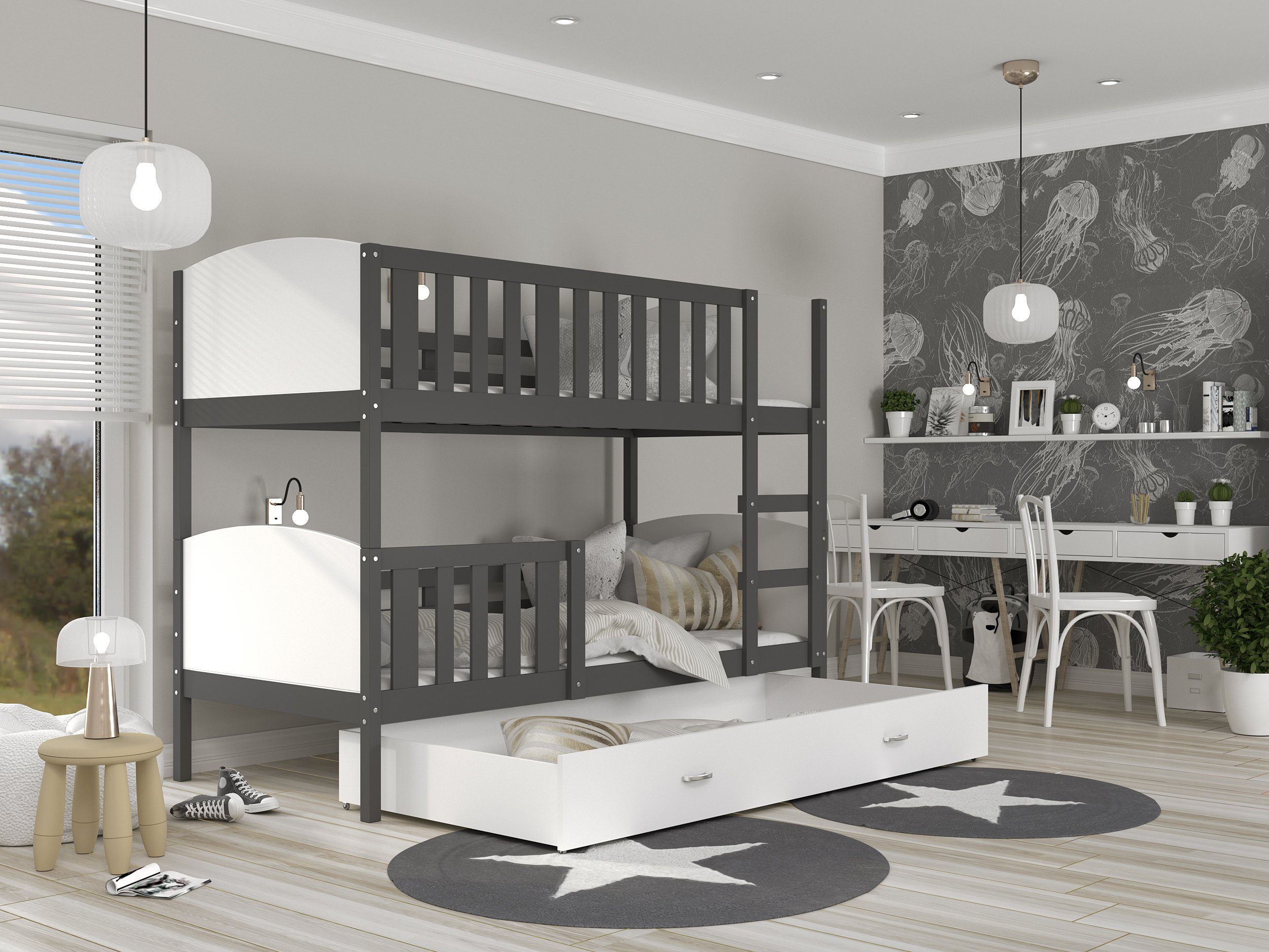 Siblo Kinderbett Tommy (Flexibler Lattenrost, Schublade, Sicherheitsbarriere, Schaummatratzen), Möbelplatte Grau und Weiß