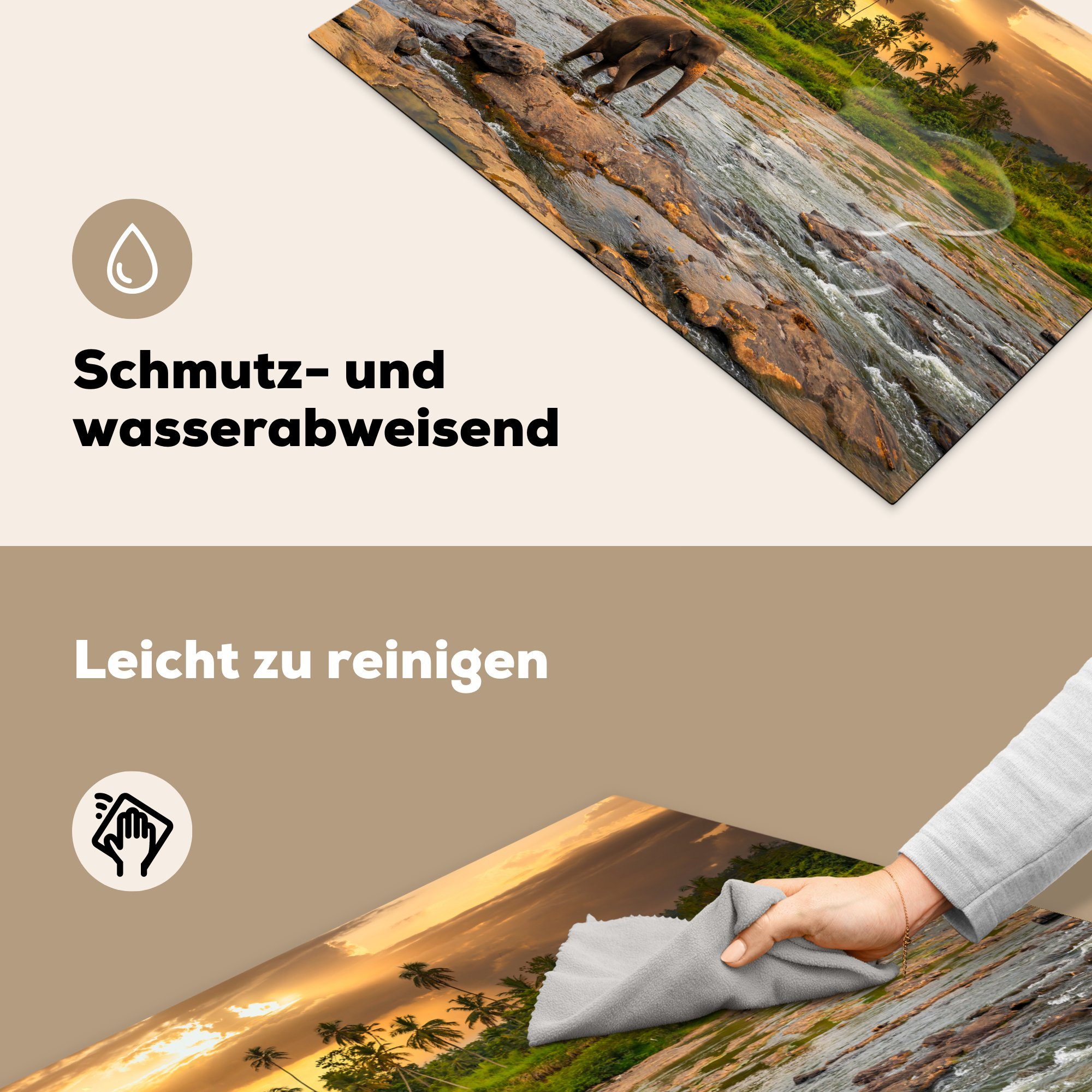 81x52 Schutz cm, Induktionskochfeld Elefant Vinyl, Wilder tlg), in einem Sri, felsigen Fluss Herdblende-/Abdeckplatte Sonnenuntergang MuchoWow (1 Ceranfeldabdeckung bei für die in küche,