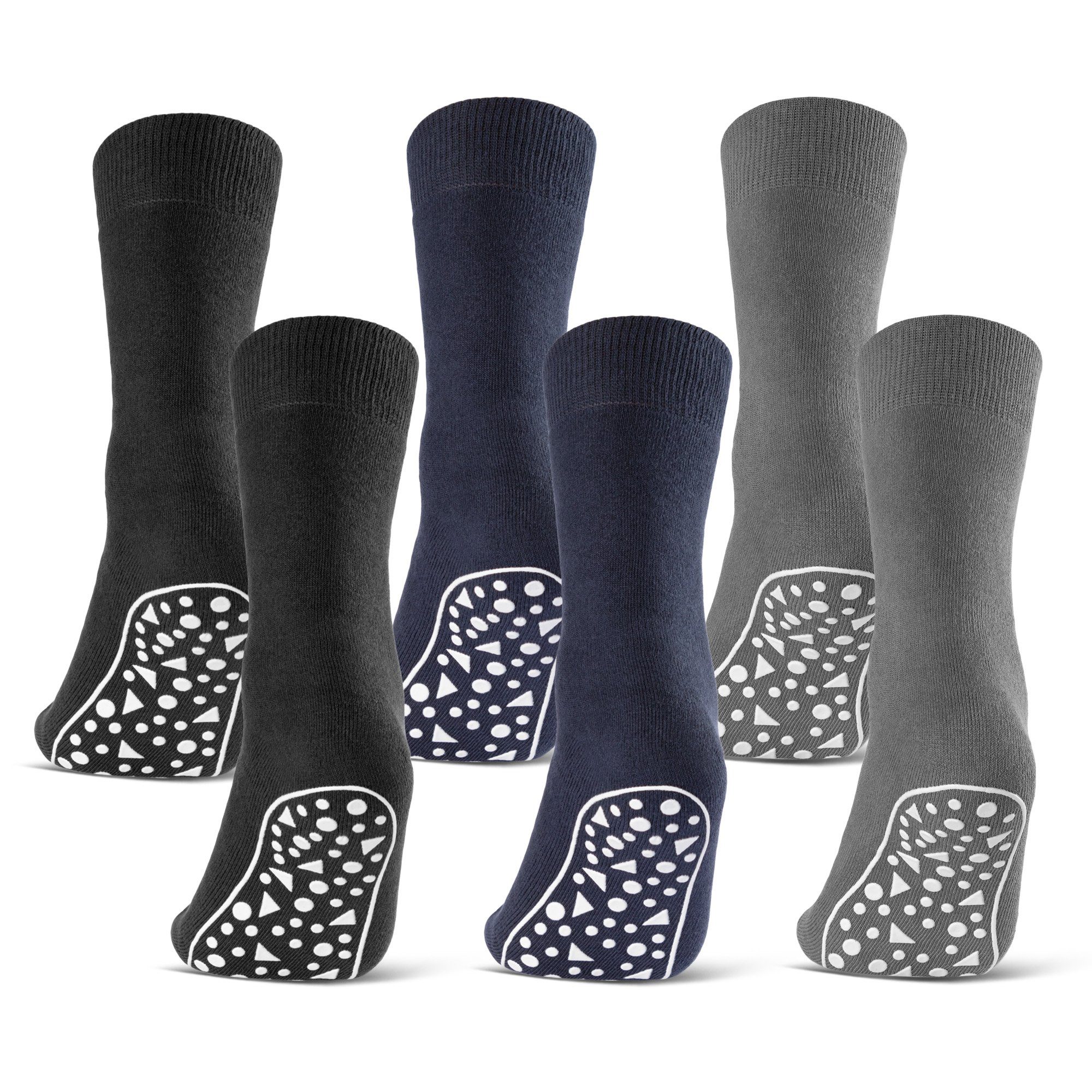 sockenkauf24 ABS-Socken 2, 4, 6 Paar Damen & Herren Anti Rutsch Socken Baumwolle (Schwarz, Blau, Grau, 6-Paar, 47-50) Stoppersocken Noppensocken - 21395 WP