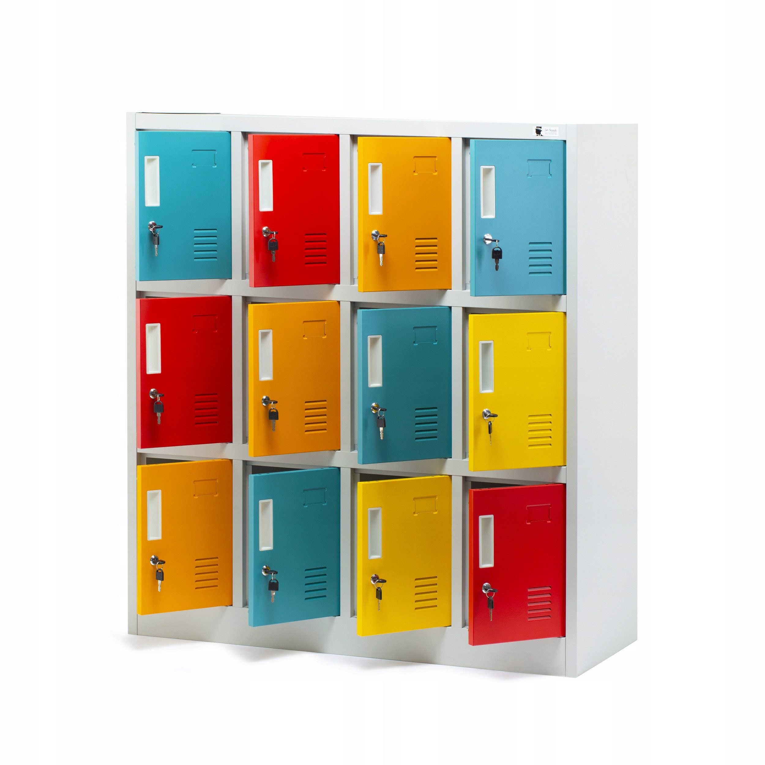 Jan Nowak Mehrzweckschrank Metall Kindergartenspind OLA 109 cm 12 Fächer abschließbar bunt (Schulspind Kita Hort Vorschule Sportclub Kleiderstange Kinder, 0,6 mm 120 x 109 x 45 cm Lüftungsschlitze Wandmontage 20 kg) Namensschildhalter abgerundete Kanten Zylinderschloss 4 Farben